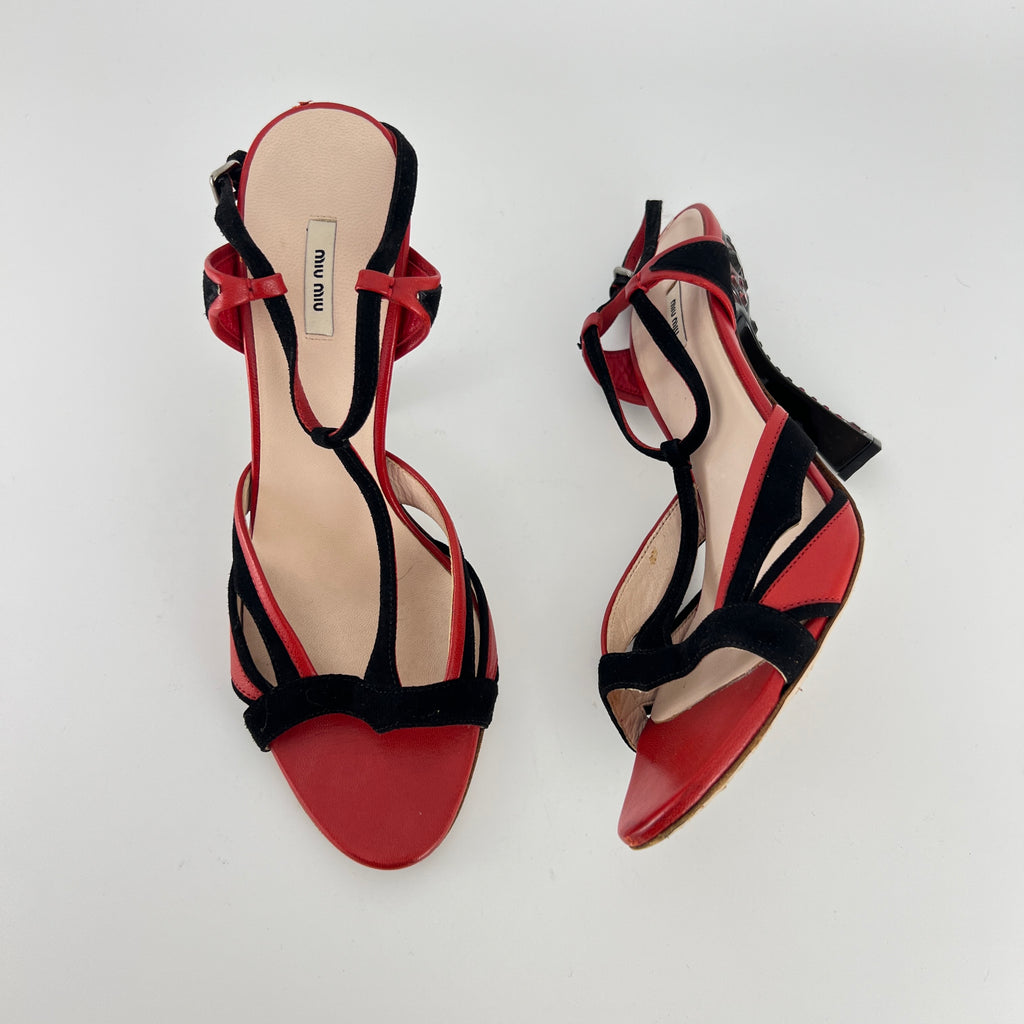 Miu Miu | Liberty Rossi Red Black Jewel Heel Leather T-Strap Sandal Heels (36.5)