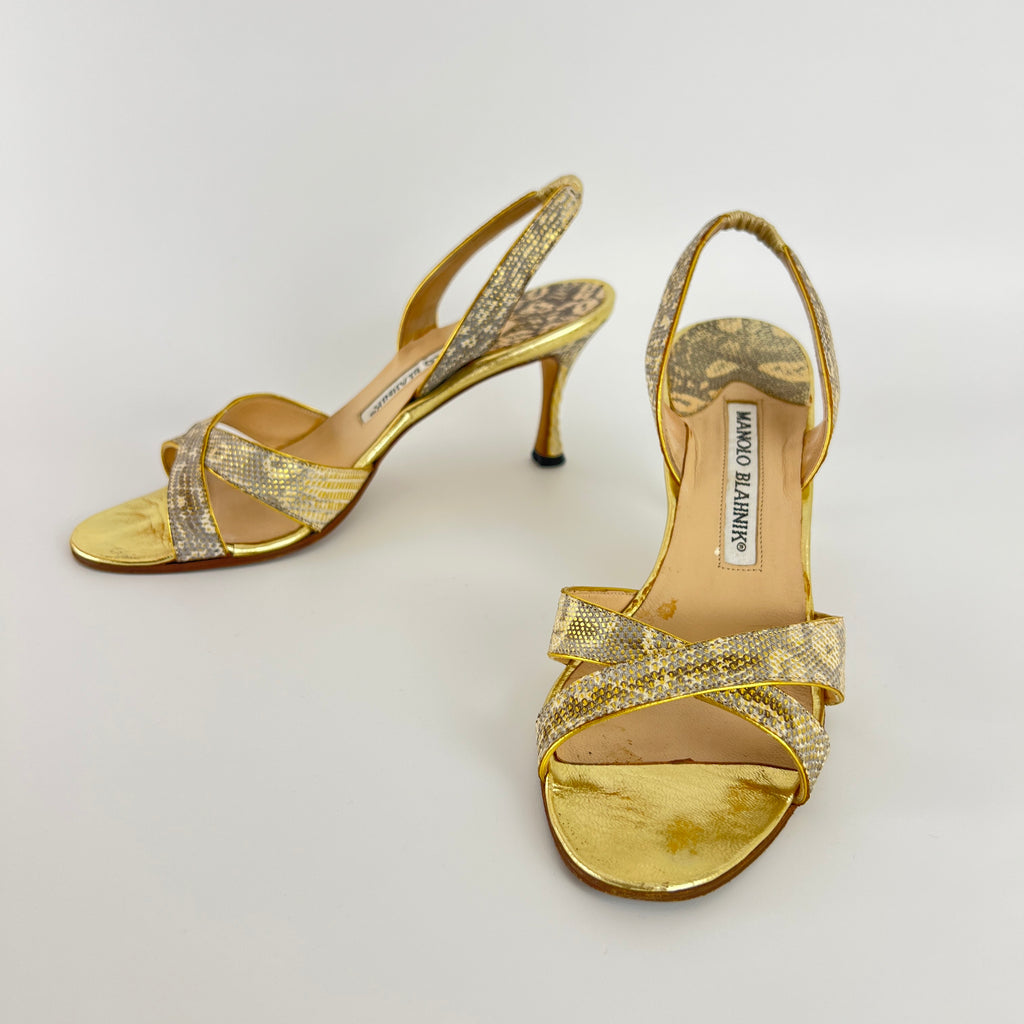 Manolo Blahnik | Lizard Leather Metallic Gold Slingback Sandal Heels (35.5)
