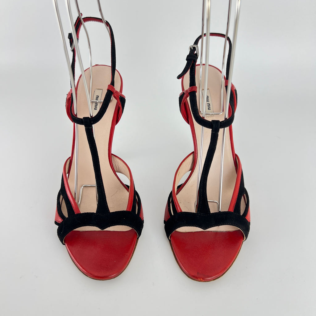 Miu Miu | Liberty Rossi Red Black Jewel Heel Leather T-Strap Sandal Heels (36.5)