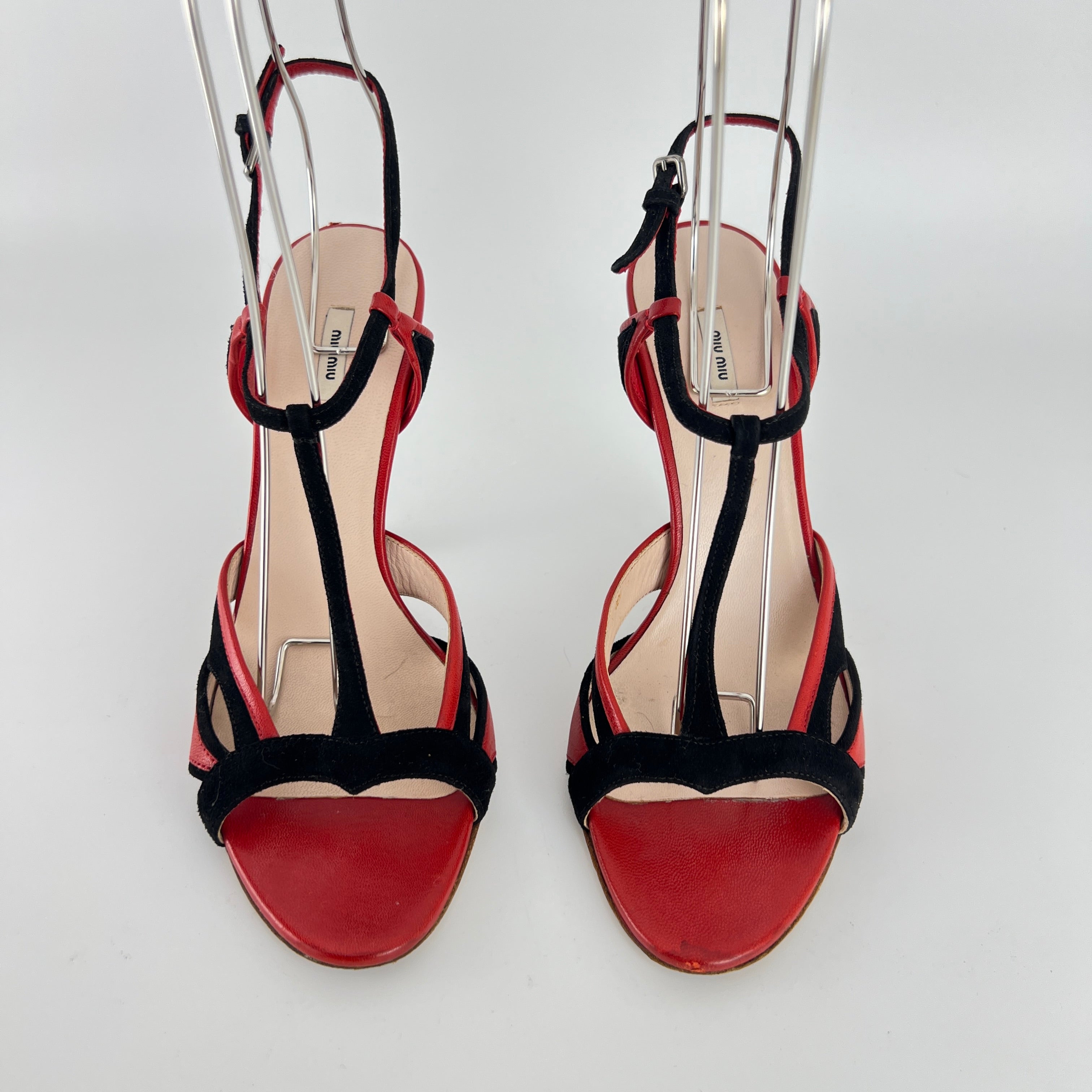 Miu Miu | Liberty Rossi Red Black Jewel Heel Leather T-Strap Sandal Heels (36.5)