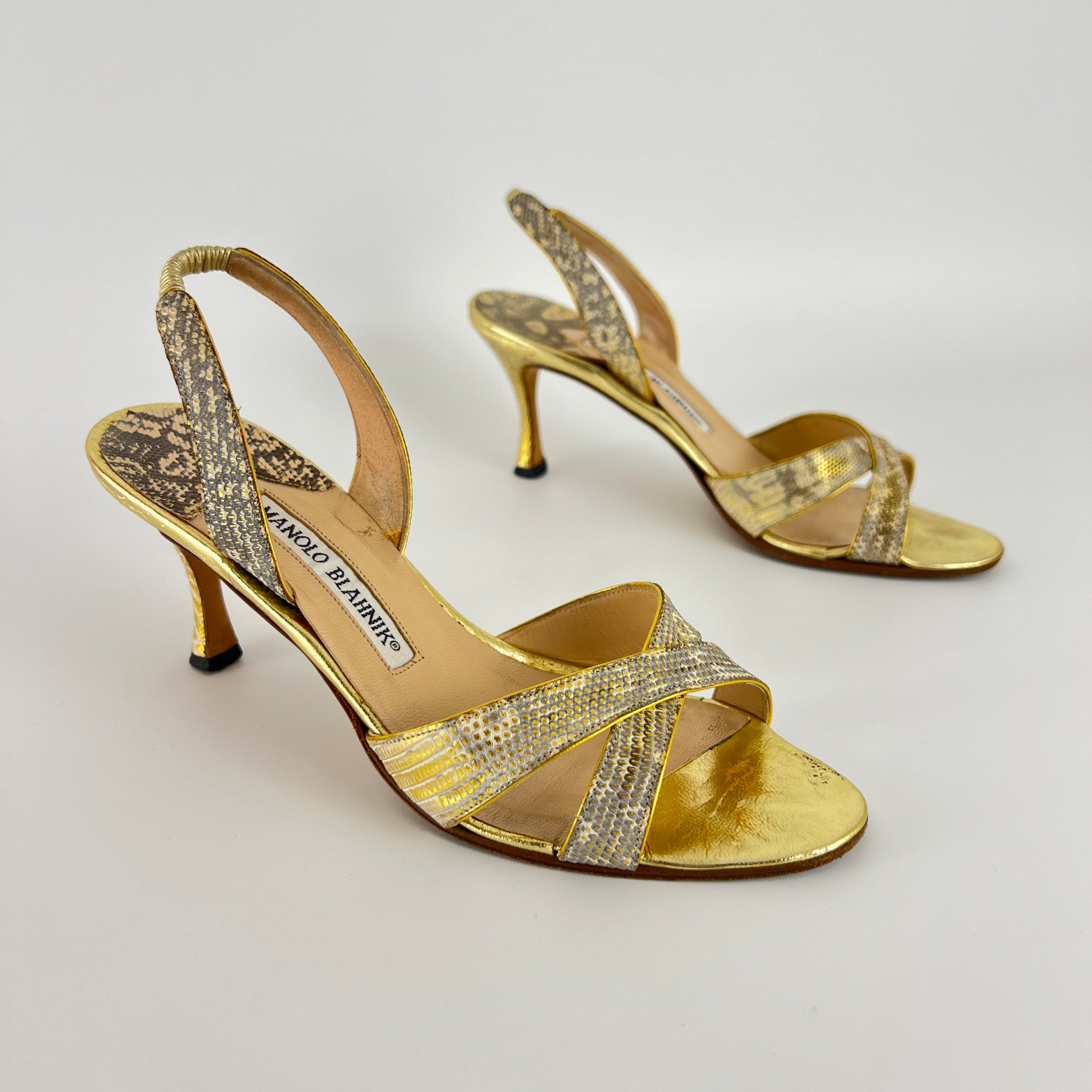Manolo Blahnik | Lizard Leather Metallic Gold Slingback Sandal Heels (35.5)