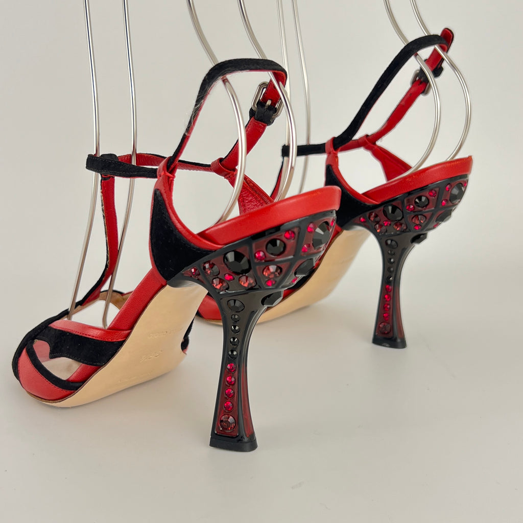Miu Miu | Liberty Rossi Red Black Jewel Heel Leather T-Strap Sandal Heels (36.5)