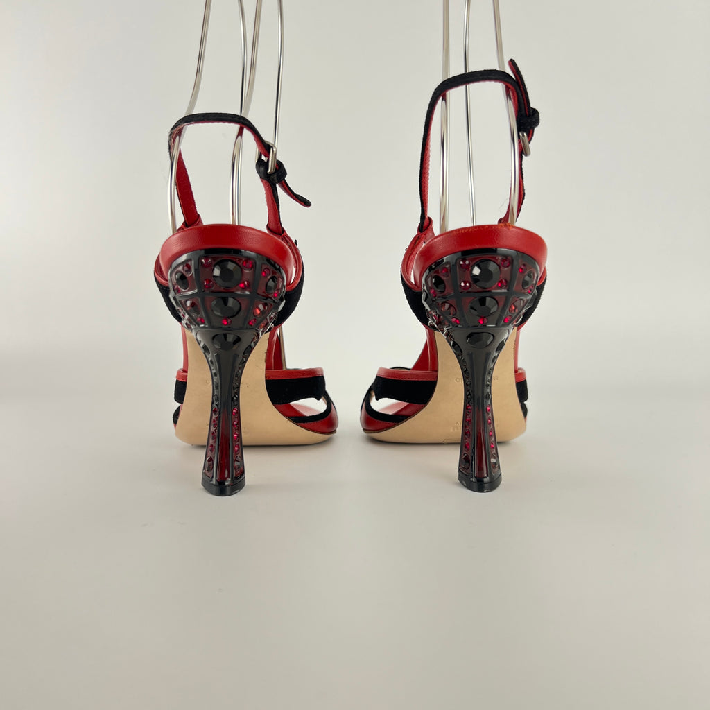 Miu Miu | Liberty Rossi Red Black Jewel Heel Leather T-Strap Sandal Heels (36.5)