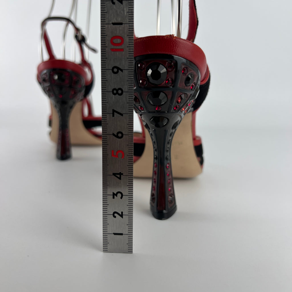 Miu Miu | Liberty Rossi Red Black Jewel Heel Leather T-Strap Sandal Heels (36.5)
