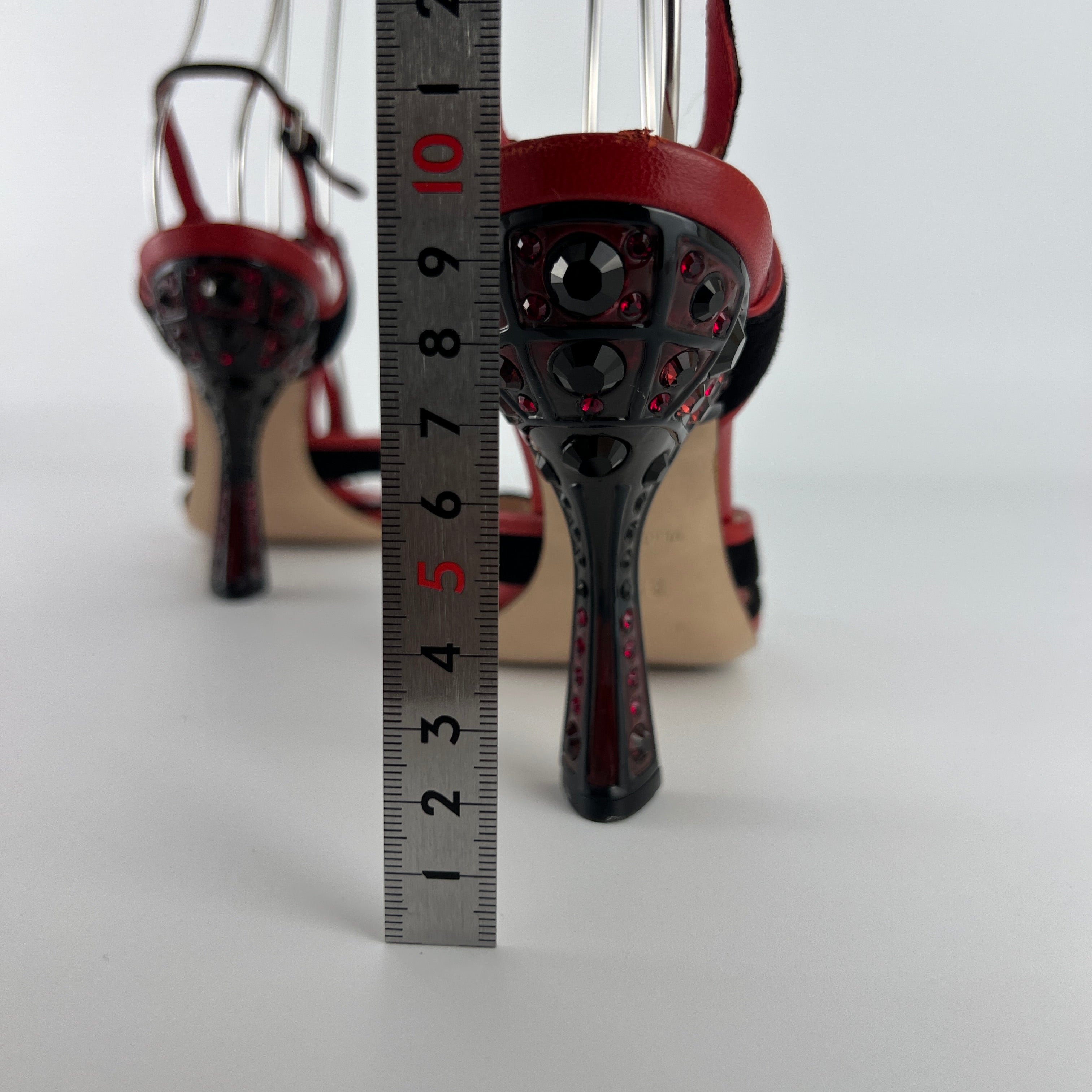 Miu Miu | Liberty Rossi Red Black Jewel Heel Leather T-Strap Sandal Heels (36.5)
