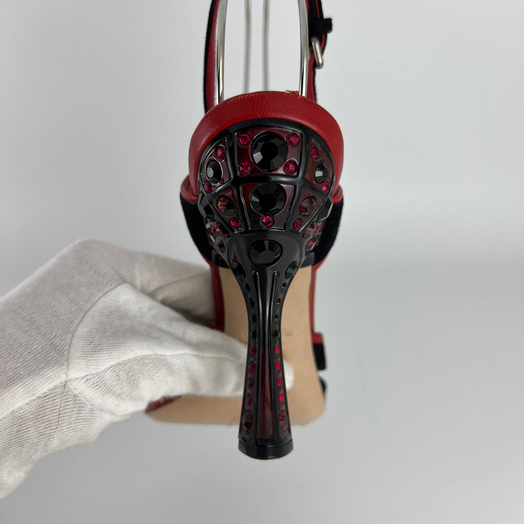 Miu Miu | Liberty Rossi Red Black Jewel Heel Leather T-Strap Sandal Heels (36.5)