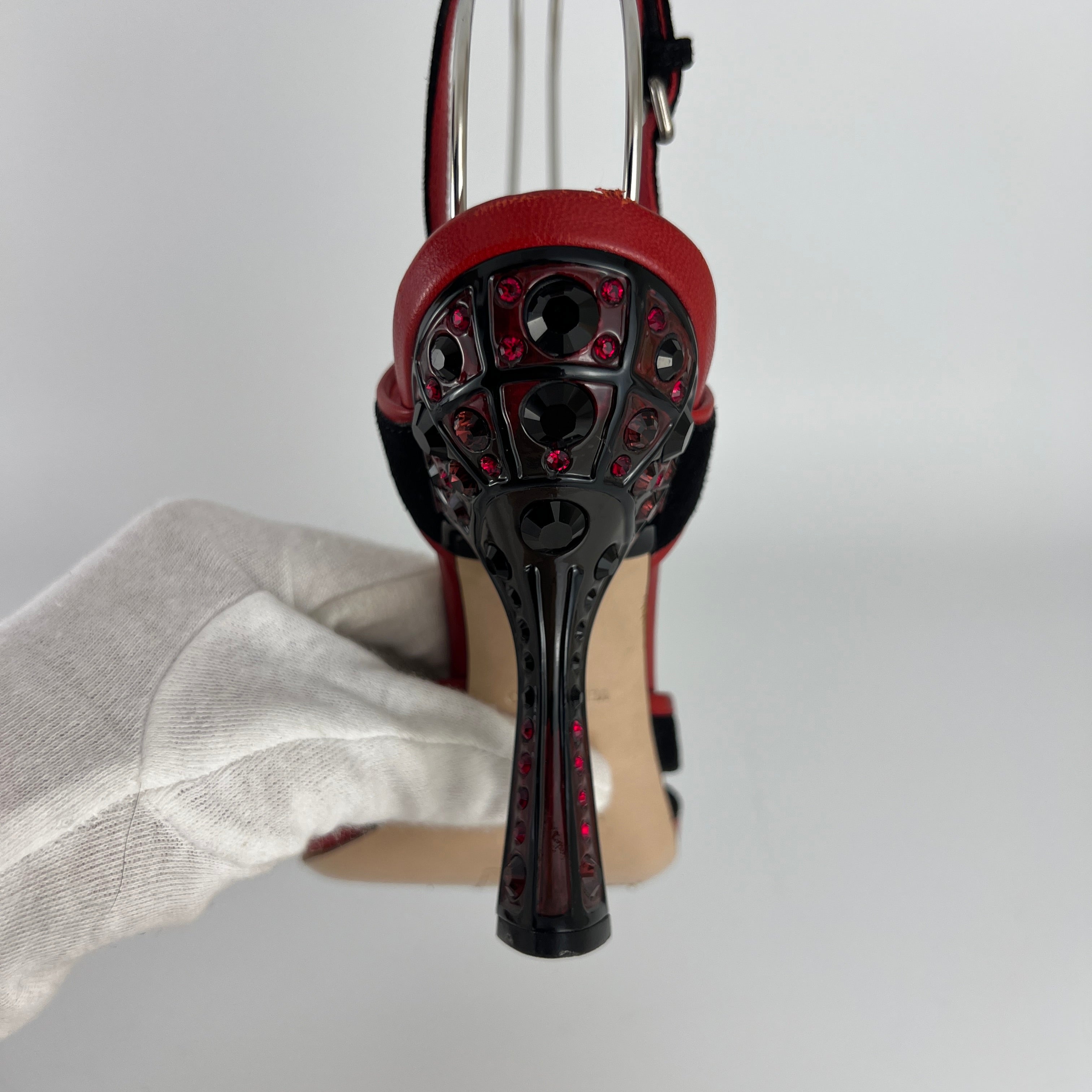Miu Miu | Liberty Rossi Red Black Jewel Heel Leather T-Strap Sandal Heels (36.5)