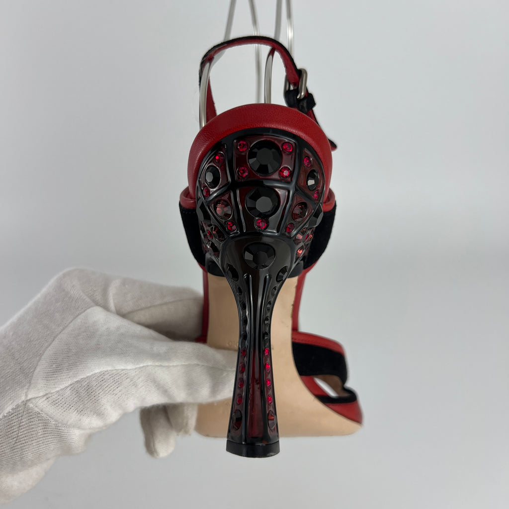 Miu Miu | Liberty Rossi Red Black Jewel Heel Leather T-Strap Sandal Heels (36.5)