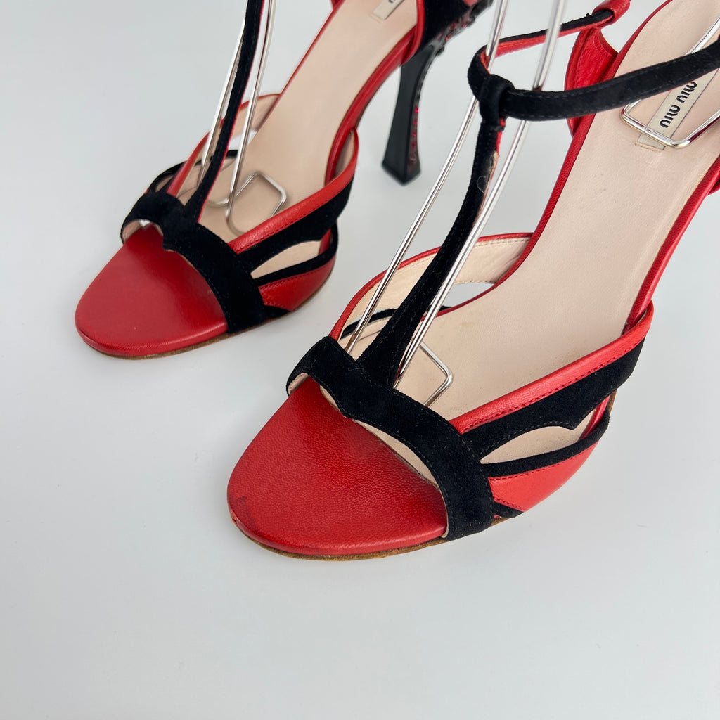 Miu Miu | Liberty Rossi Red Black Jewel Heel Leather T-Strap Sandal Heels (36.5)