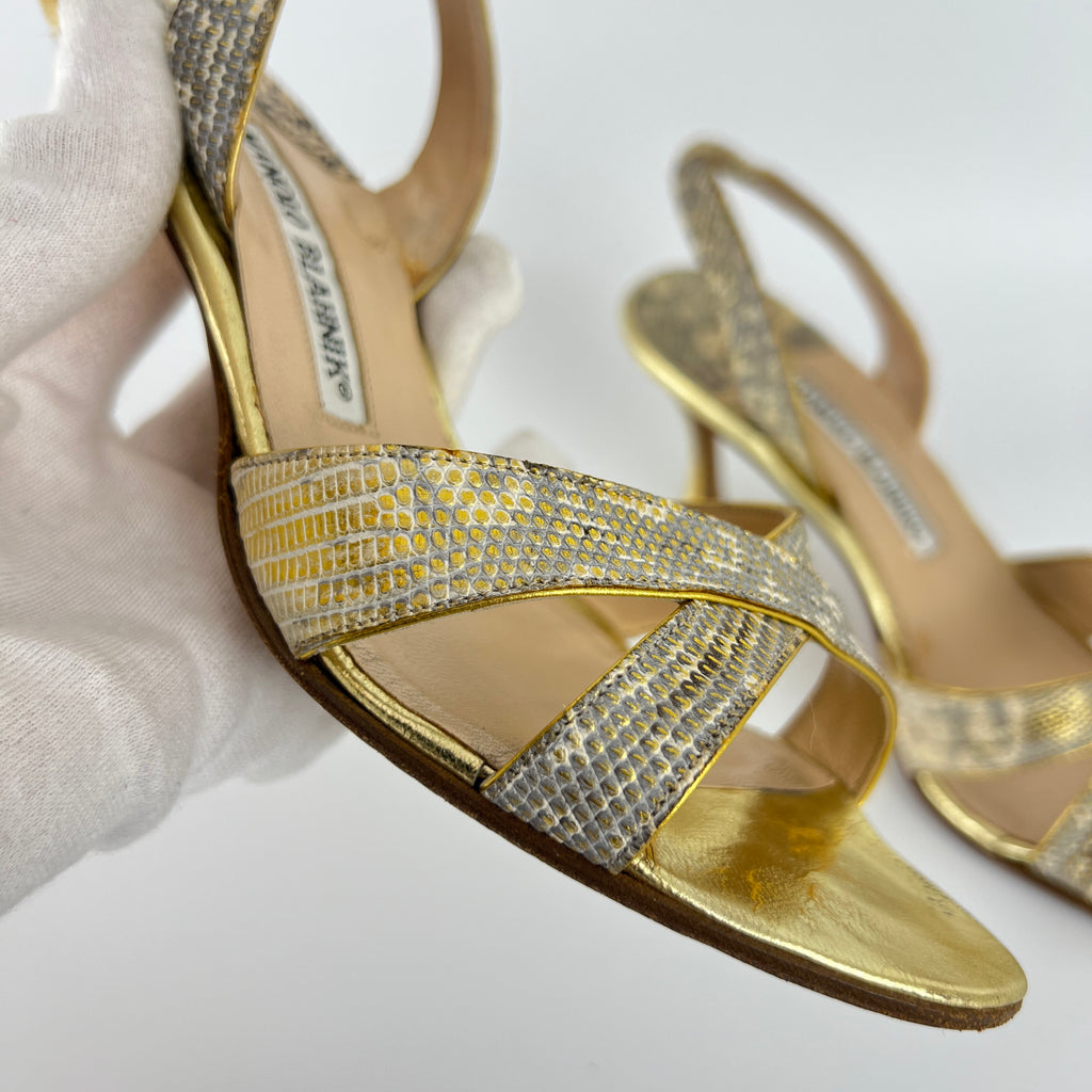 Manolo Blahnik | Lizard Leather Metallic Gold Slingback Sandal Heels (35.5)
