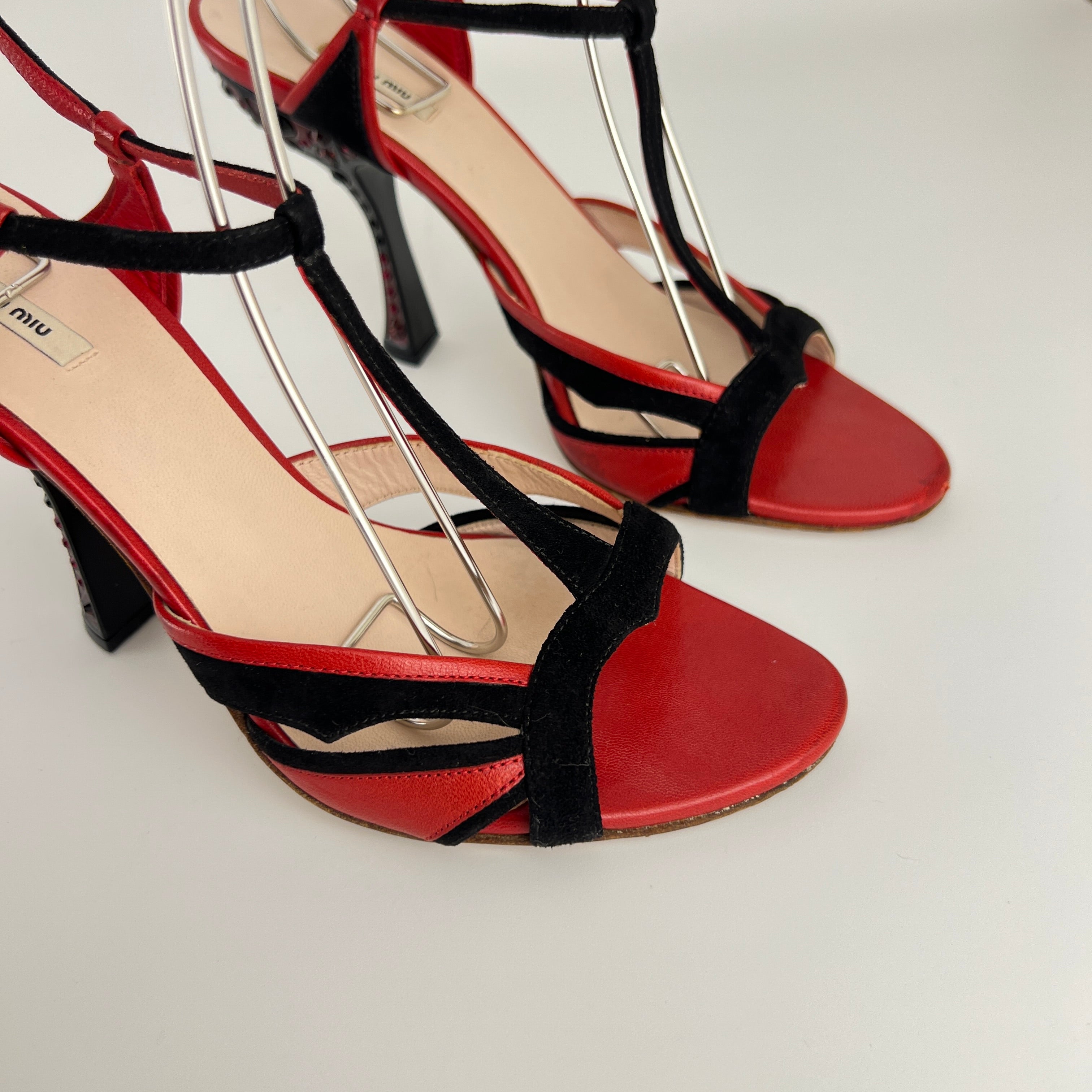 Miu Miu | Liberty Rossi Red Black Jewel Heel Leather T-Strap Sandal Heels (36.5)