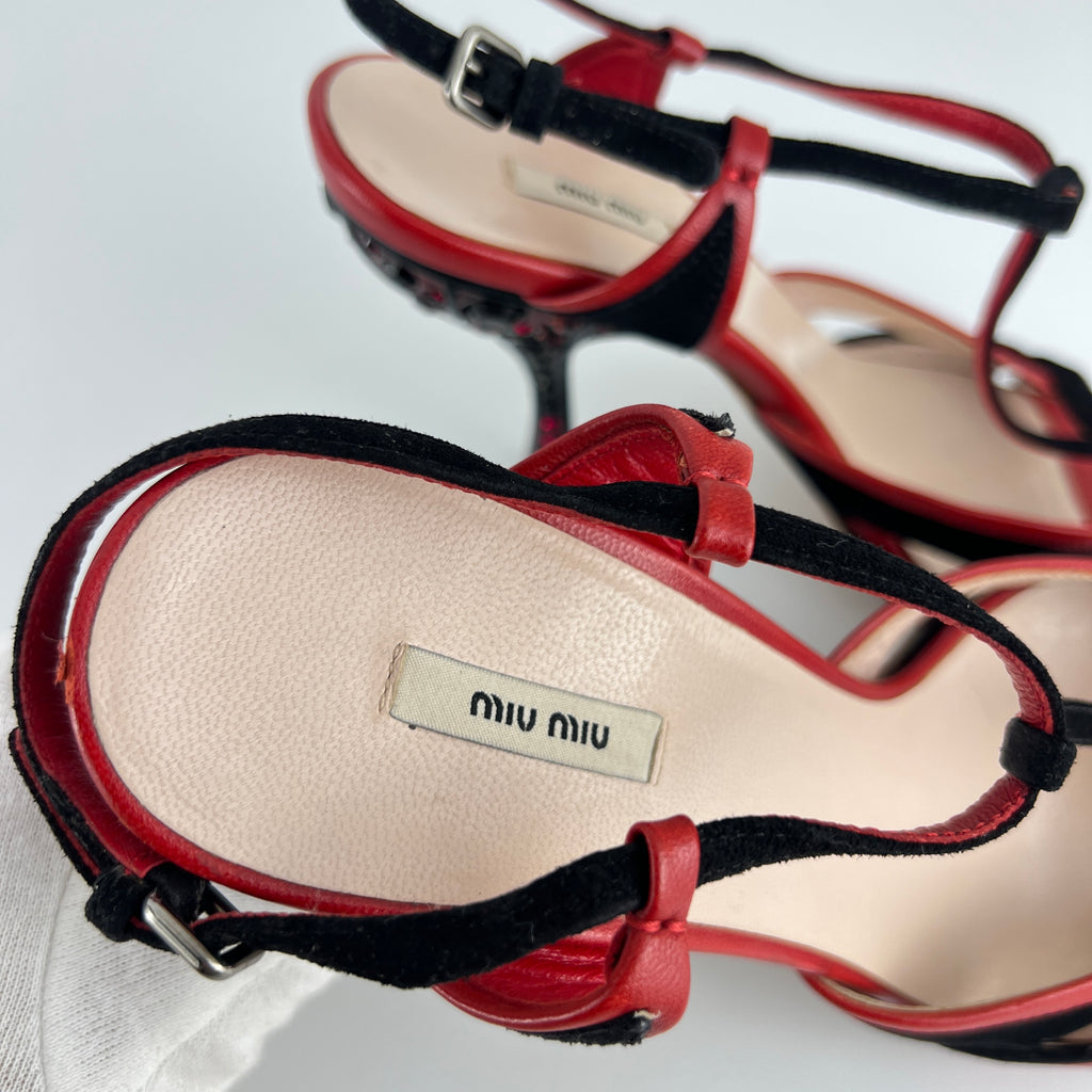 Miu Miu | Liberty Rossi Red Black Jewel Heel Leather T-Strap Sandal Heels (36.5)