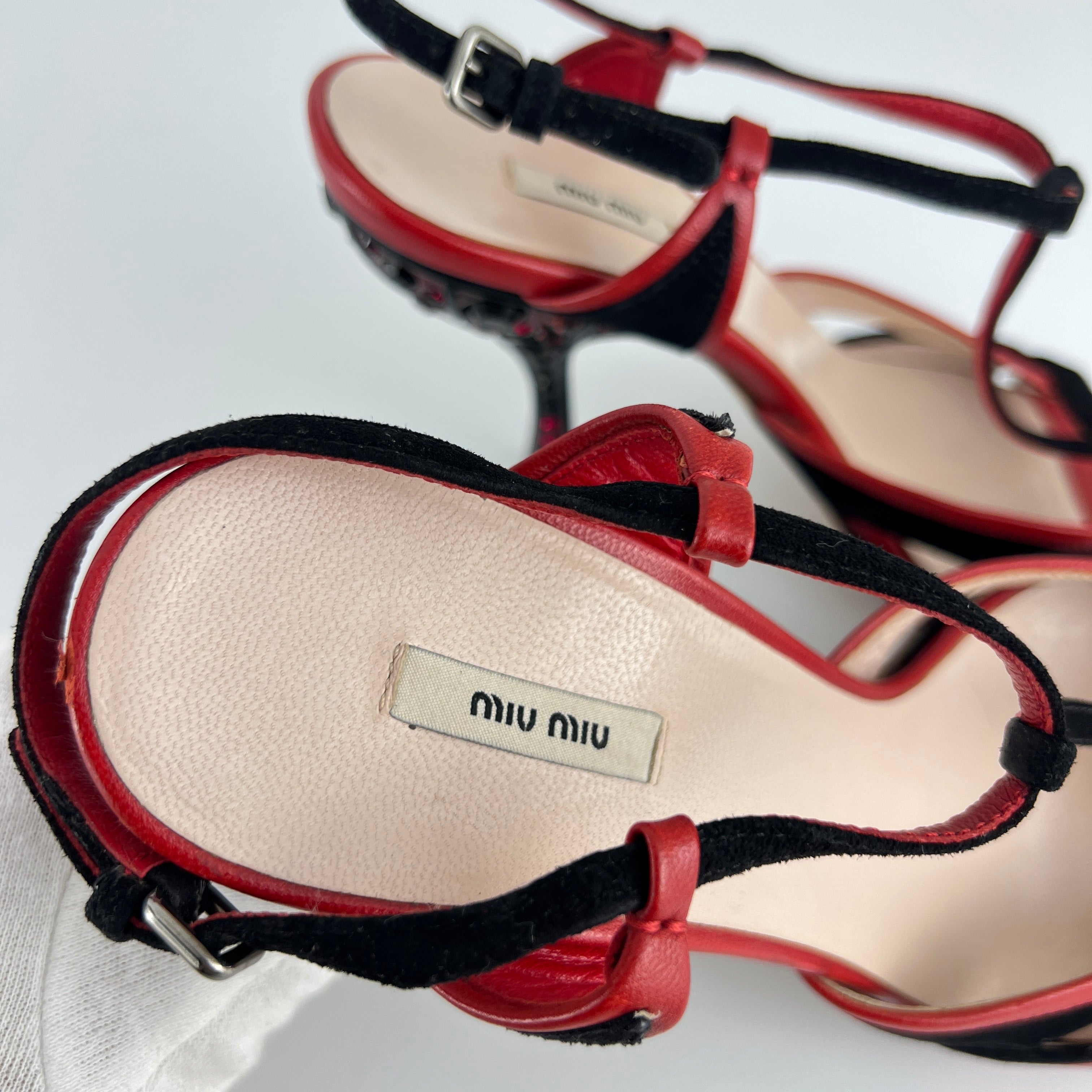 Miu Miu | Liberty Rossi Red Black Jewel Heel Leather T-Strap Sandal Heels (36.5)