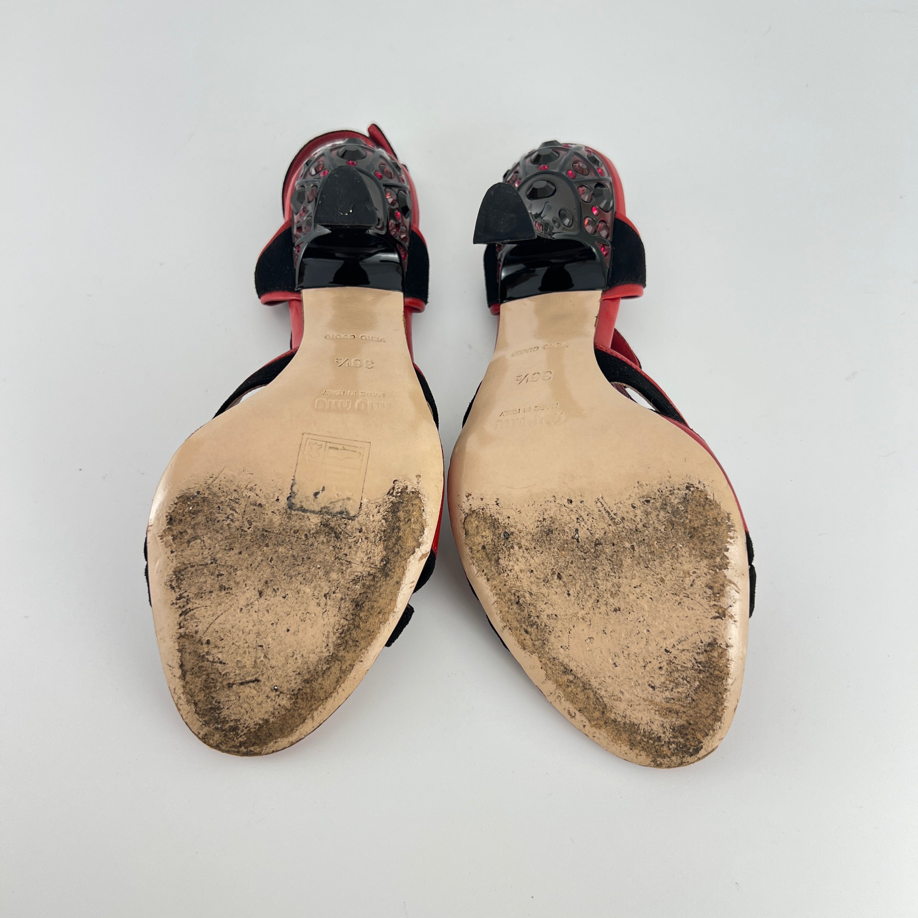 Miu Miu | Liberty Rossi Red Black Jewel Heel Leather T-Strap Sandal Heels (36.5)
