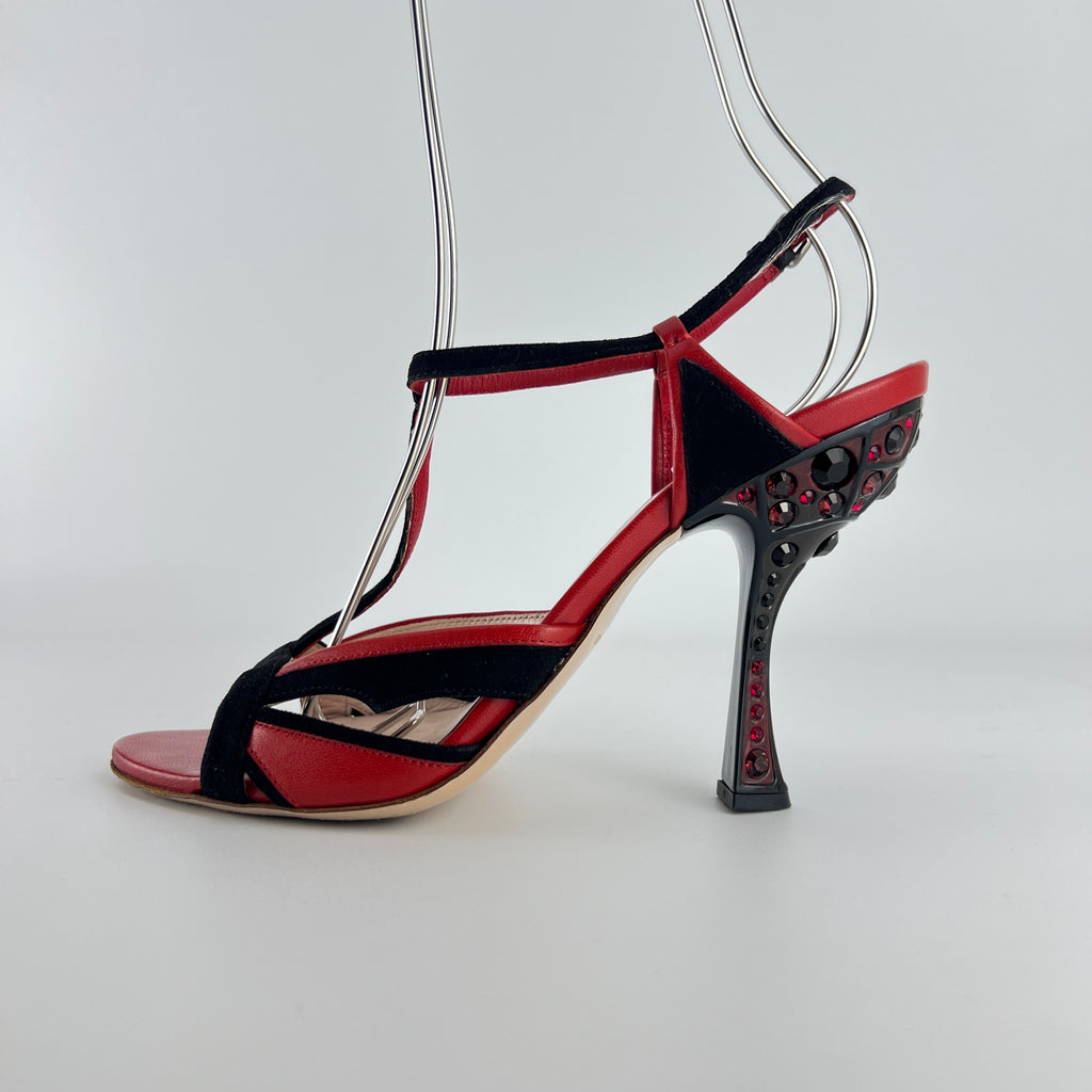 Miu Miu | Liberty Rossi Red Black Jewel Heel Leather T-Strap Sandal Heels (36.5)