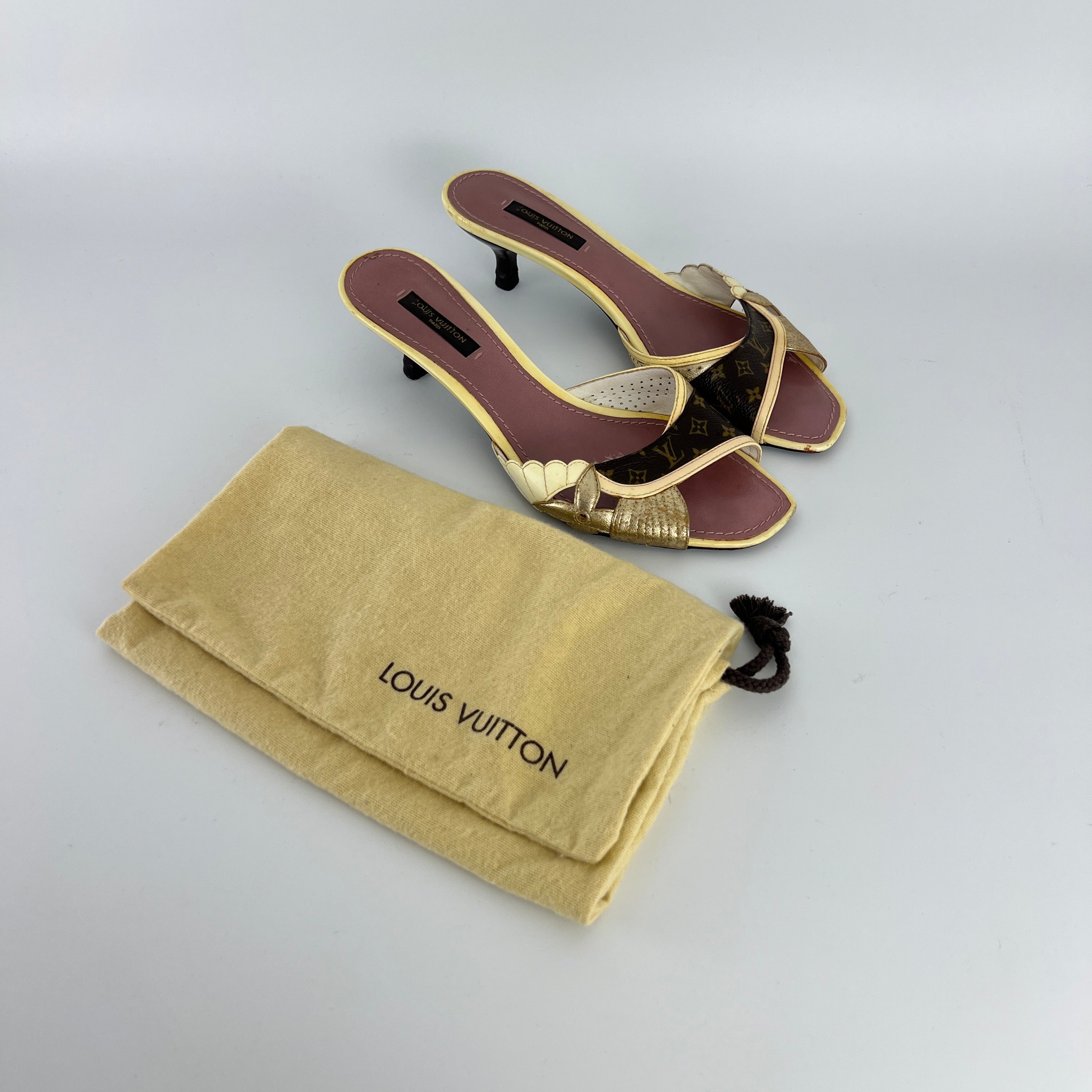 Louis Vuitton | LV Monogram Gold Leather Kitten Heel Slide Mules (36)
