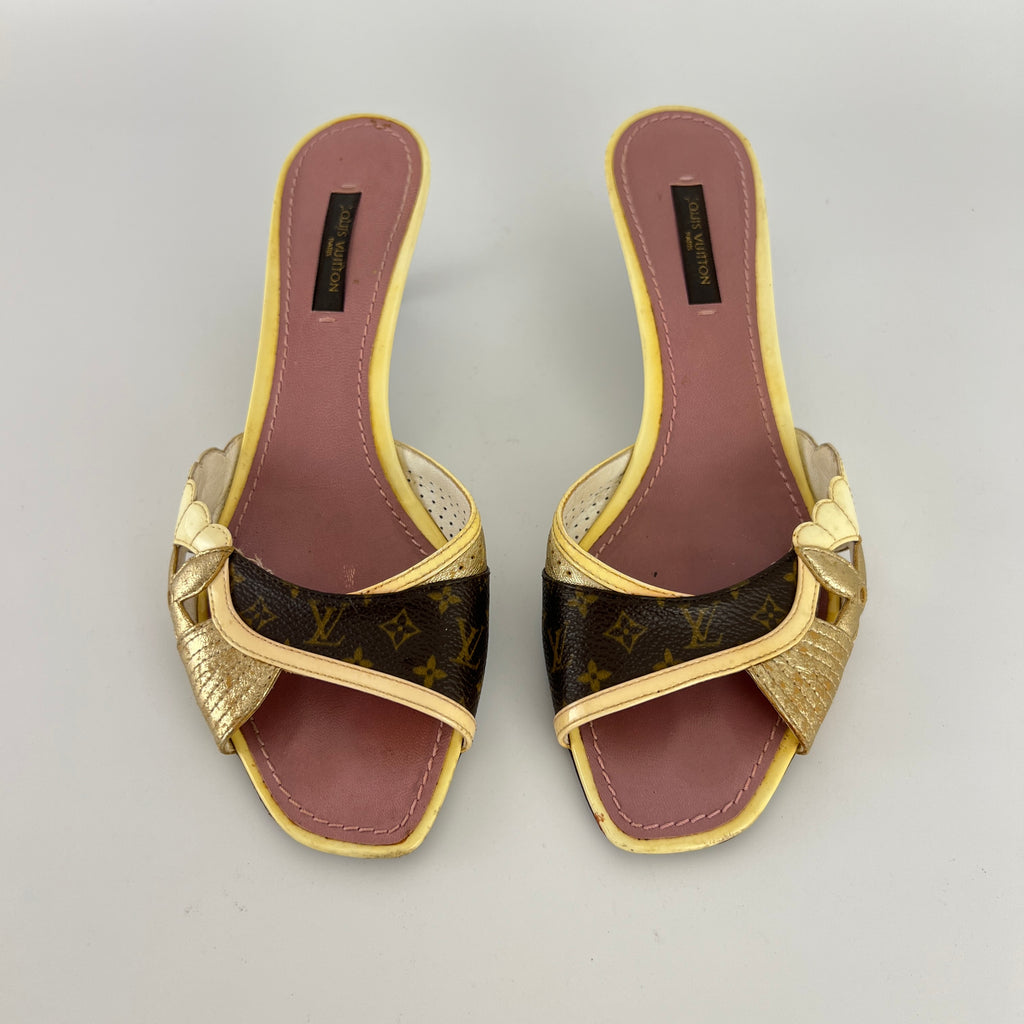 Louis Vuitton | LV Monogram Gold Leather Kitten Heel Slide Mules (36)