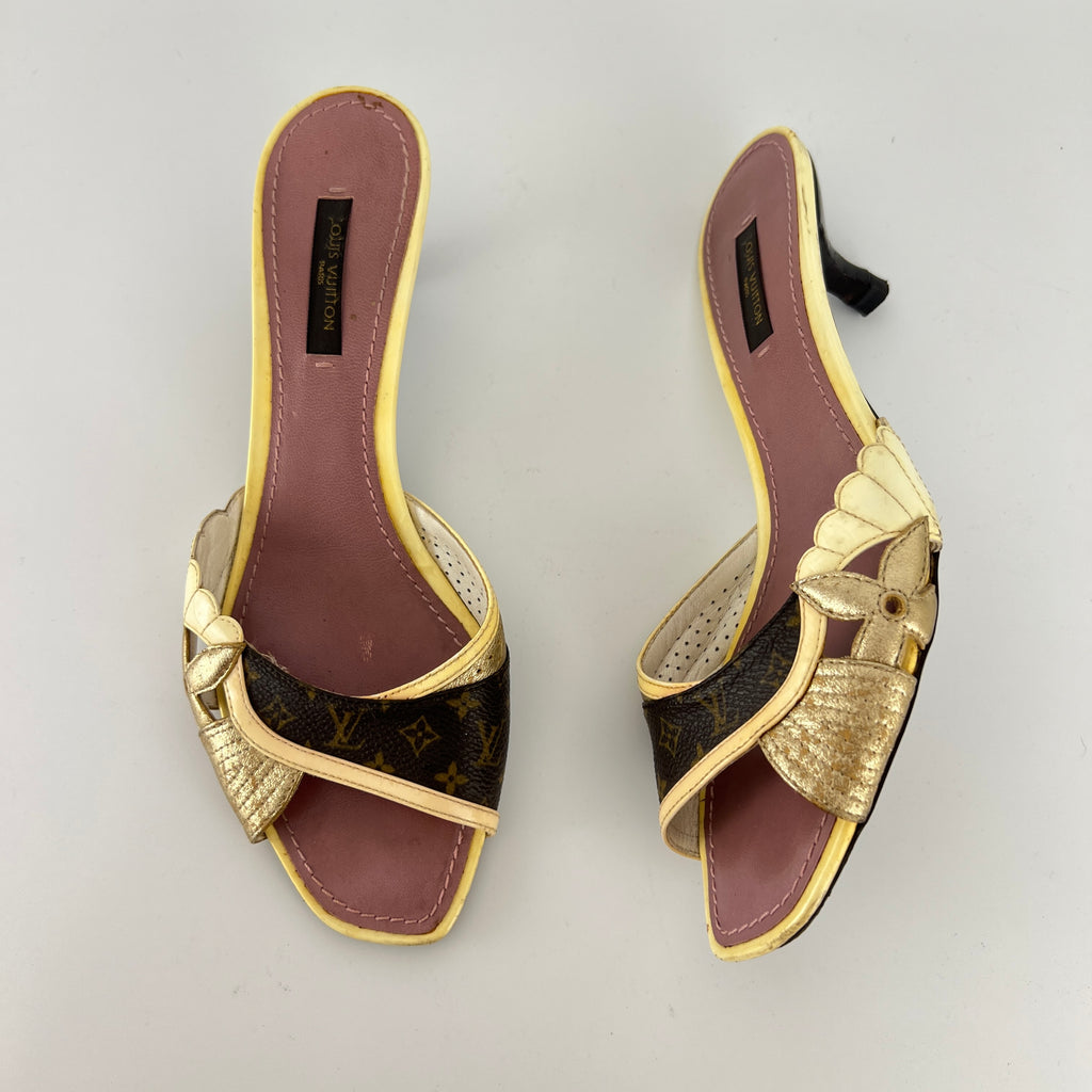 Louis Vuitton | LV Monogram Gold Leather Kitten Heel Slide Mules (36)