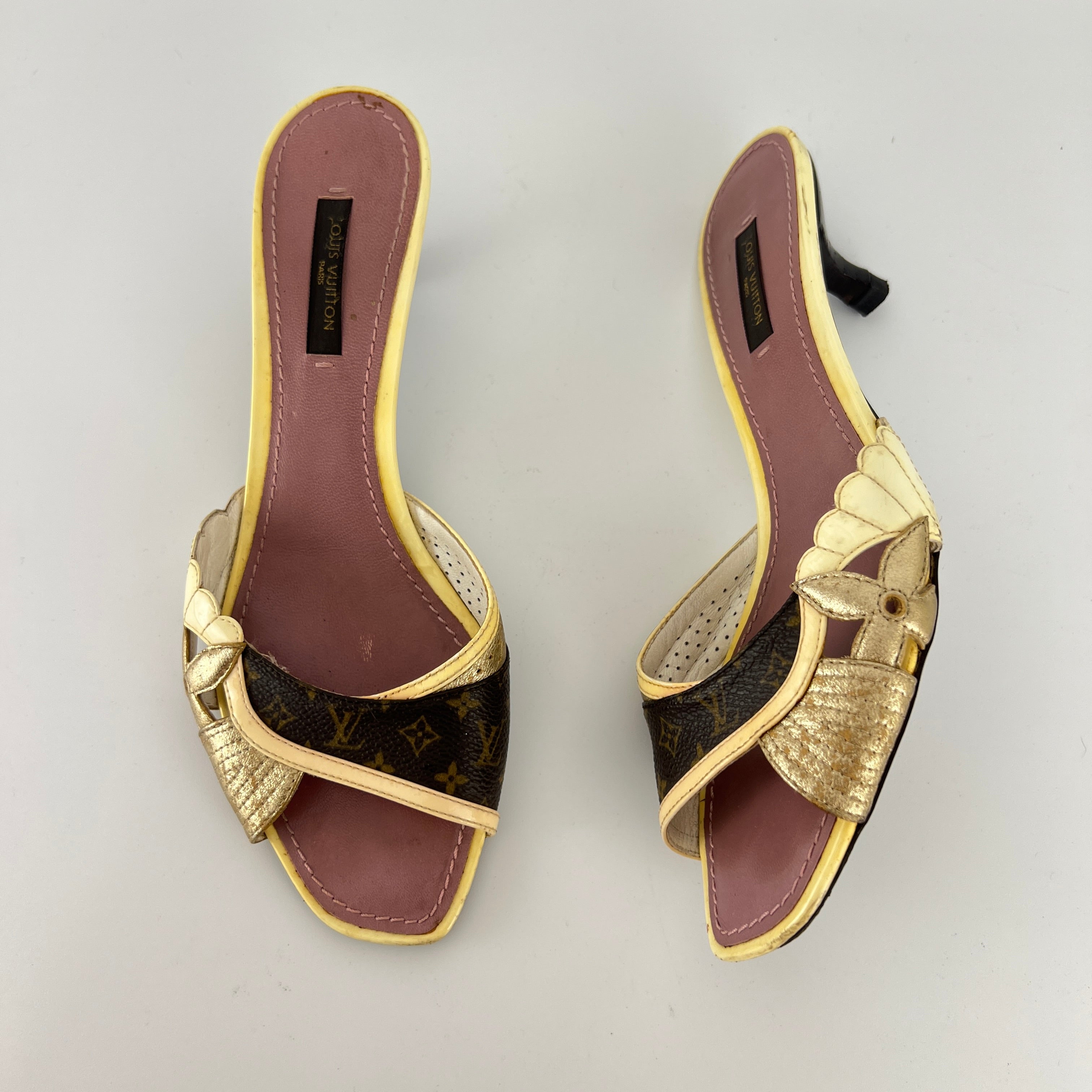 Louis Vuitton | LV Monogram Gold Leather Kitten Heel Slide Mules (36)