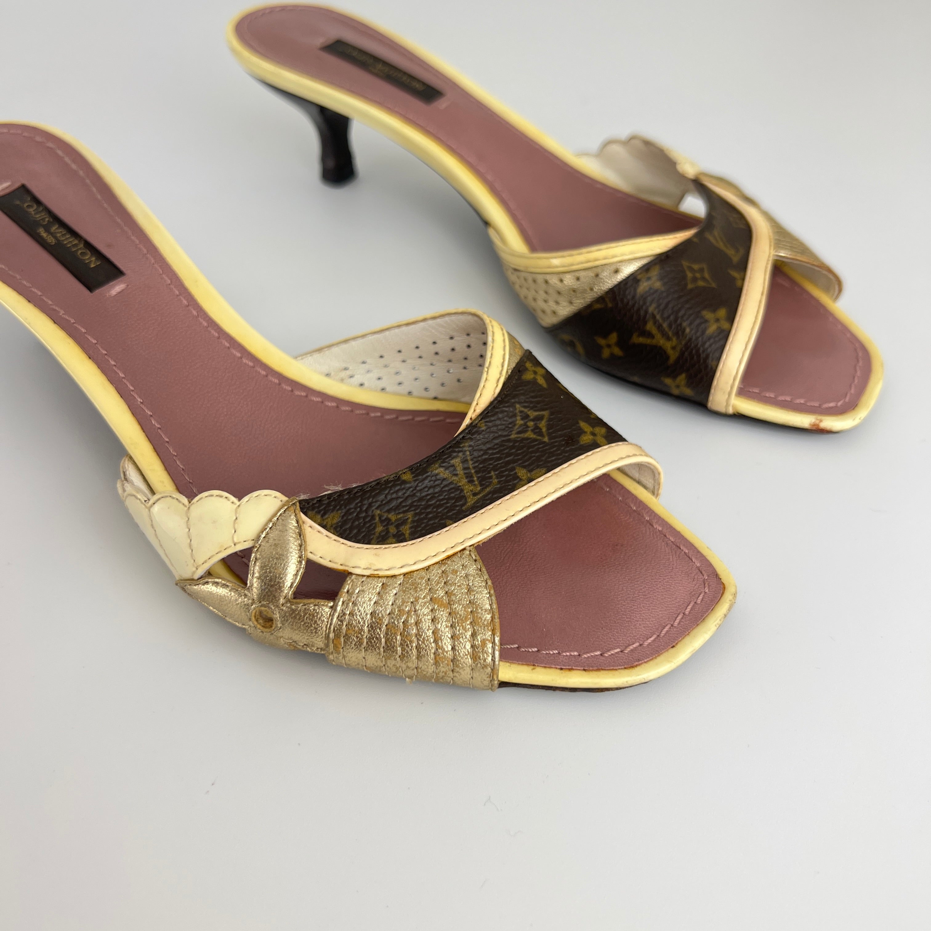 Louis Vuitton | LV Monogram Gold Leather Kitten Heel Slide Mules (36)