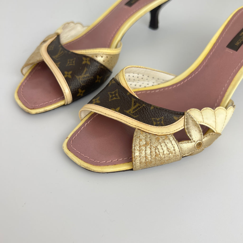 Louis Vuitton | LV Monogram Gold Leather Kitten Heel Slide Mules (36)