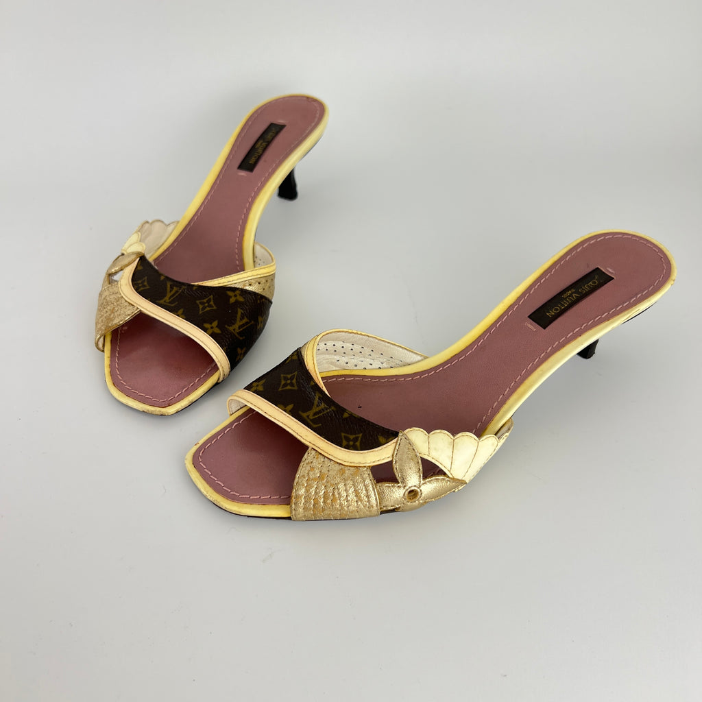 Louis Vuitton | LV Monogram Gold Leather Kitten Heel Slide Mules (36)