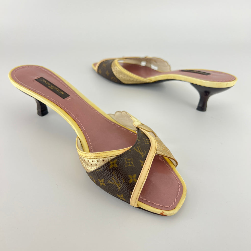 Louis Vuitton | LV Monogram Gold Leather Kitten Heel Slide Mules (36)