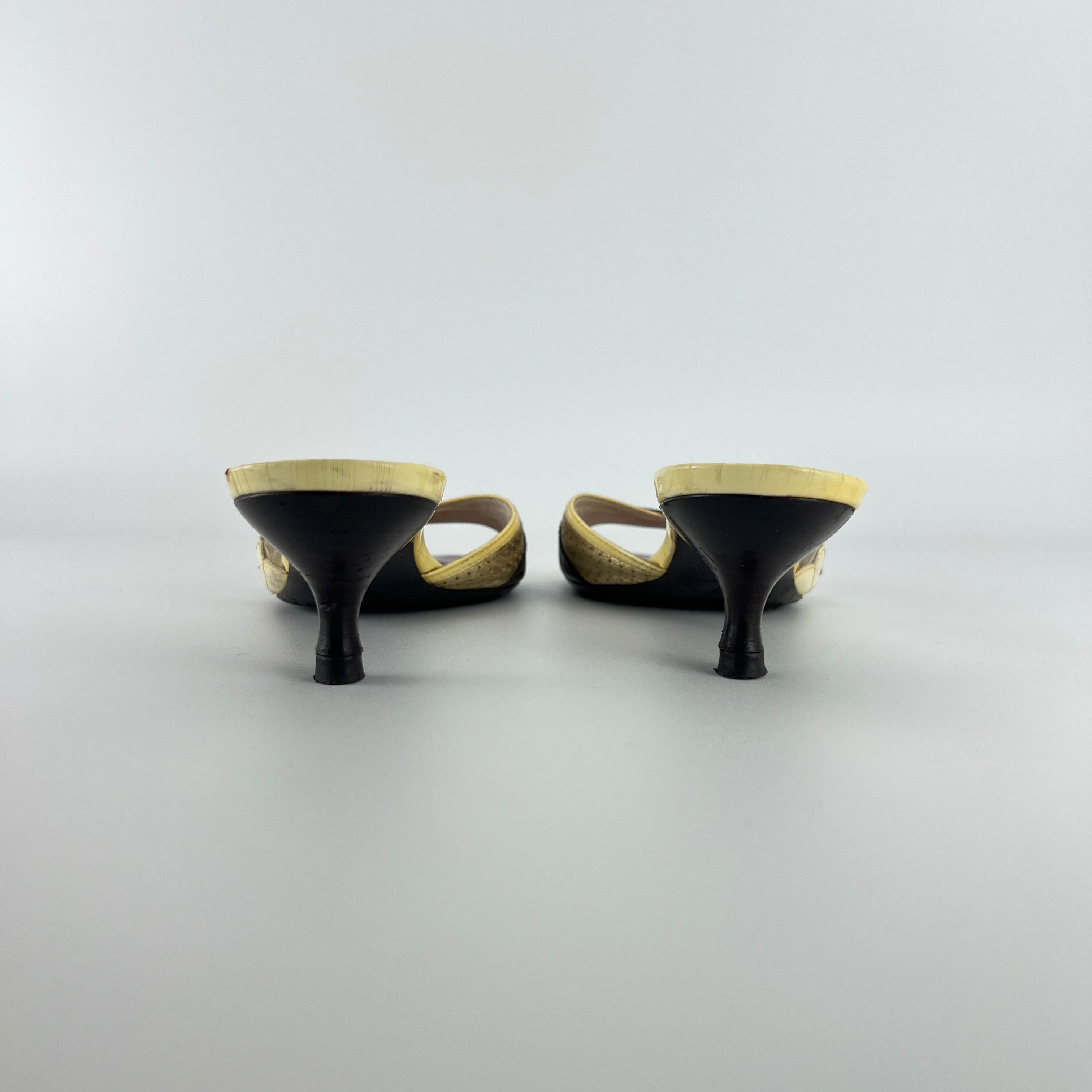 Louis Vuitton | LV Monogram Gold Leather Kitten Heel Slide Mules (36)