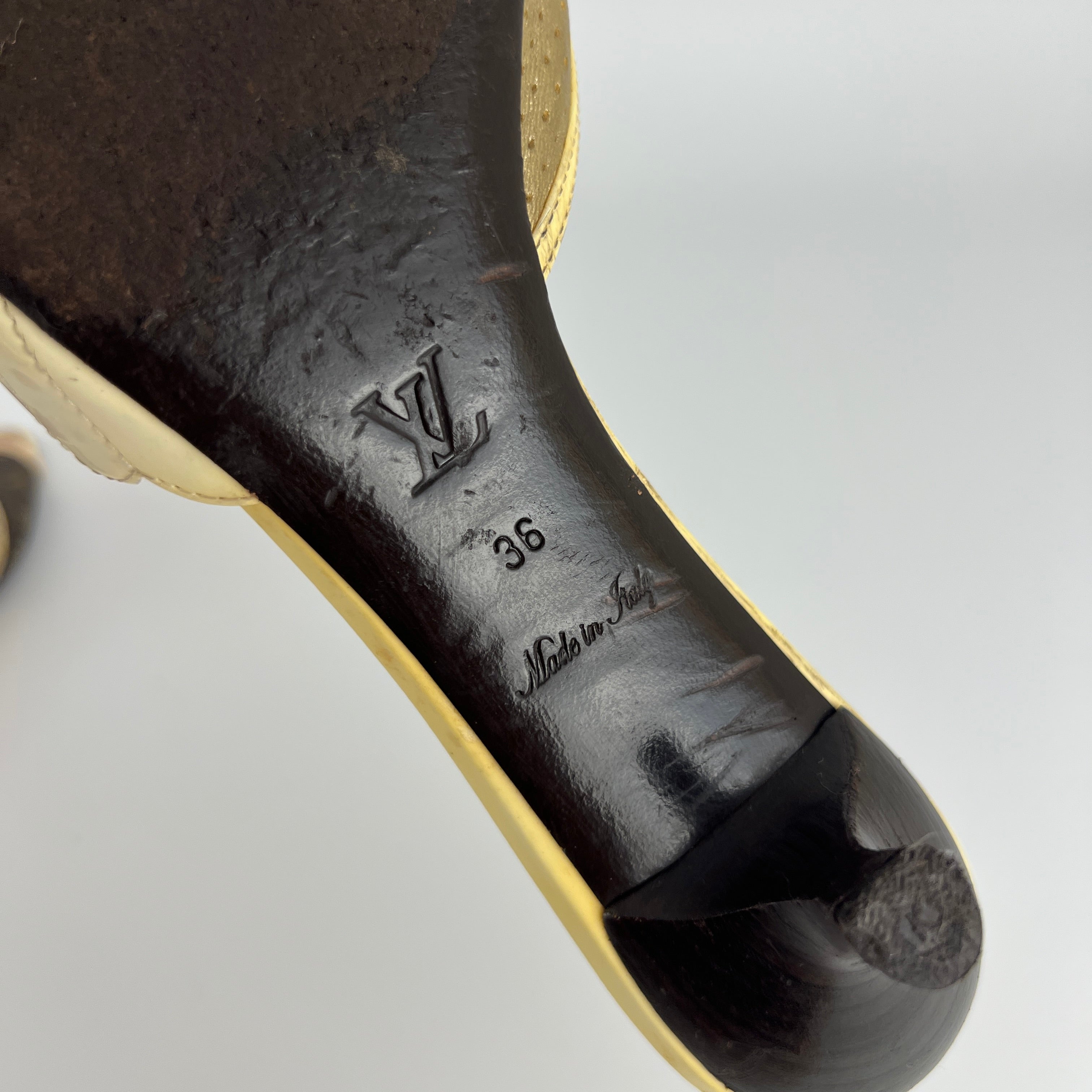 Louis Vuitton | LV Monogram Gold Leather Kitten Heel Slide Mules (36)