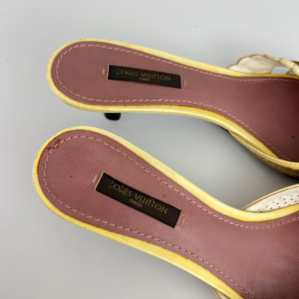 Louis Vuitton | LV Monogram Gold Leather Kitten Heel Slide Mules (36)