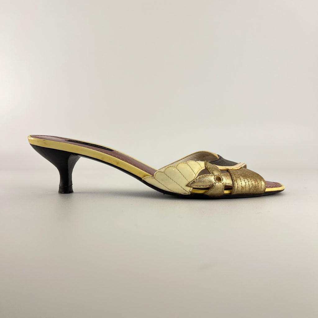 Louis Vuitton | LV Monogram Gold Leather Kitten Heel Slide Mules (36)