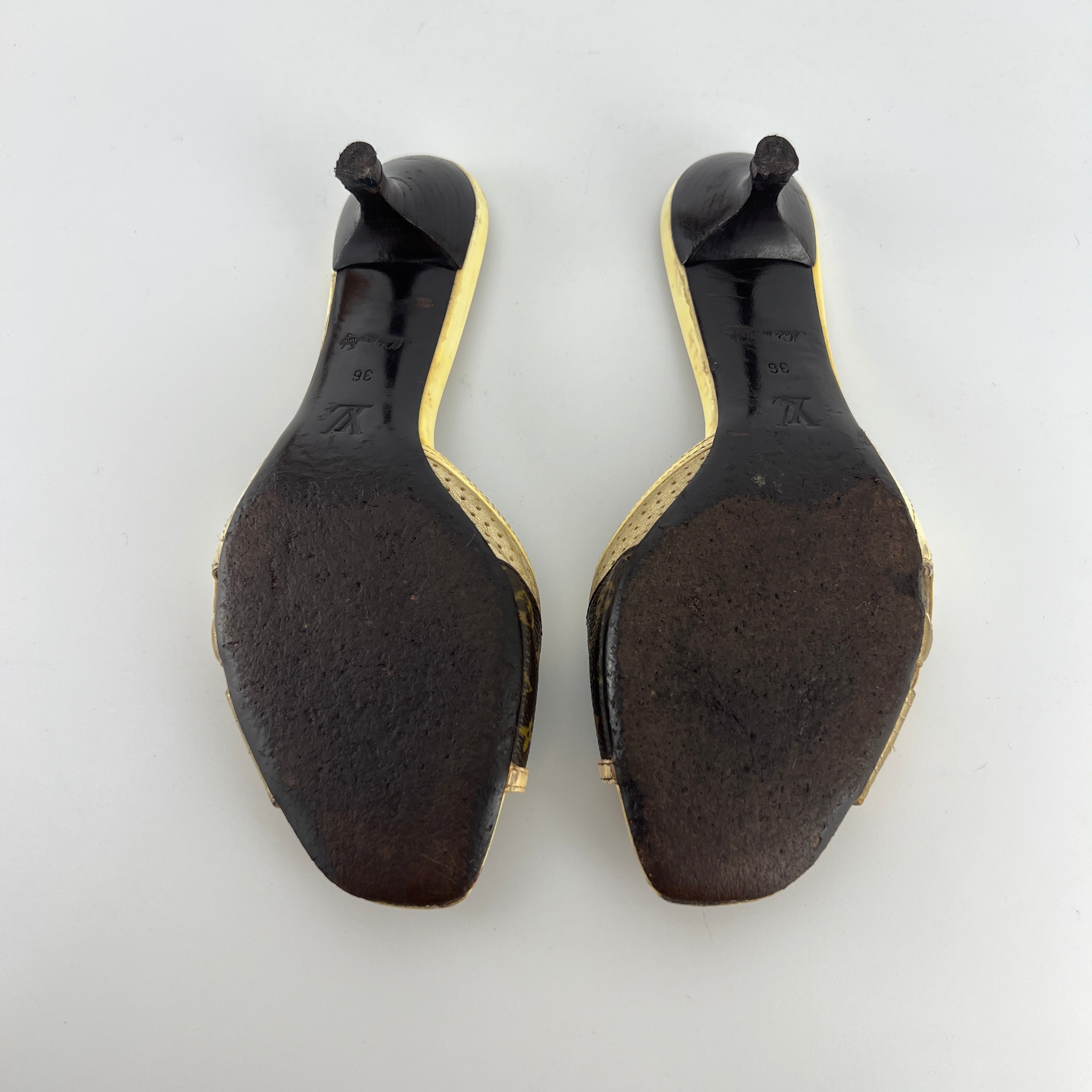 Louis Vuitton | LV Monogram Gold Leather Kitten Heel Slide Mules (36)