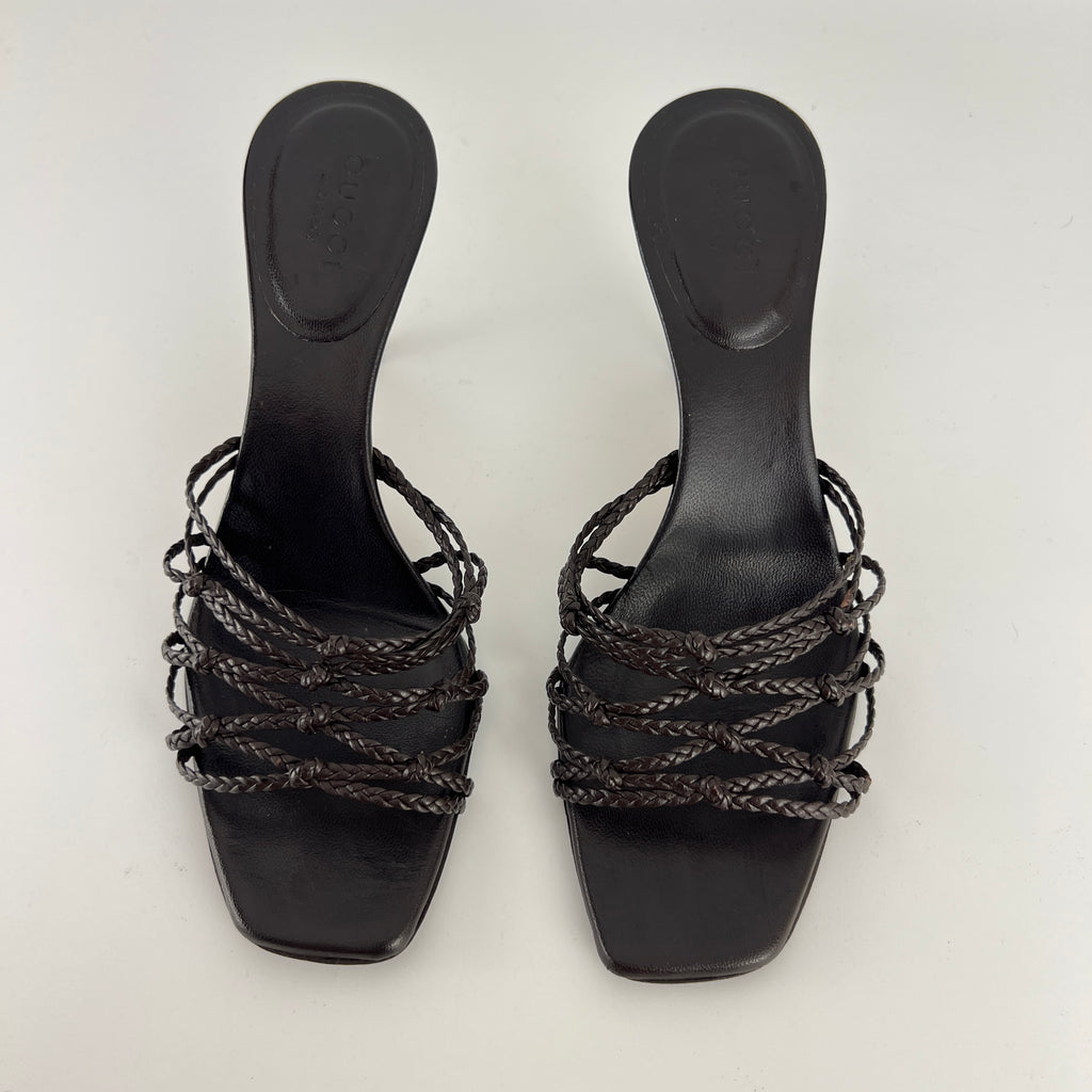 Gucci | Tom Ford Era Brown Leather Braided Knot Strappy Mules (35)