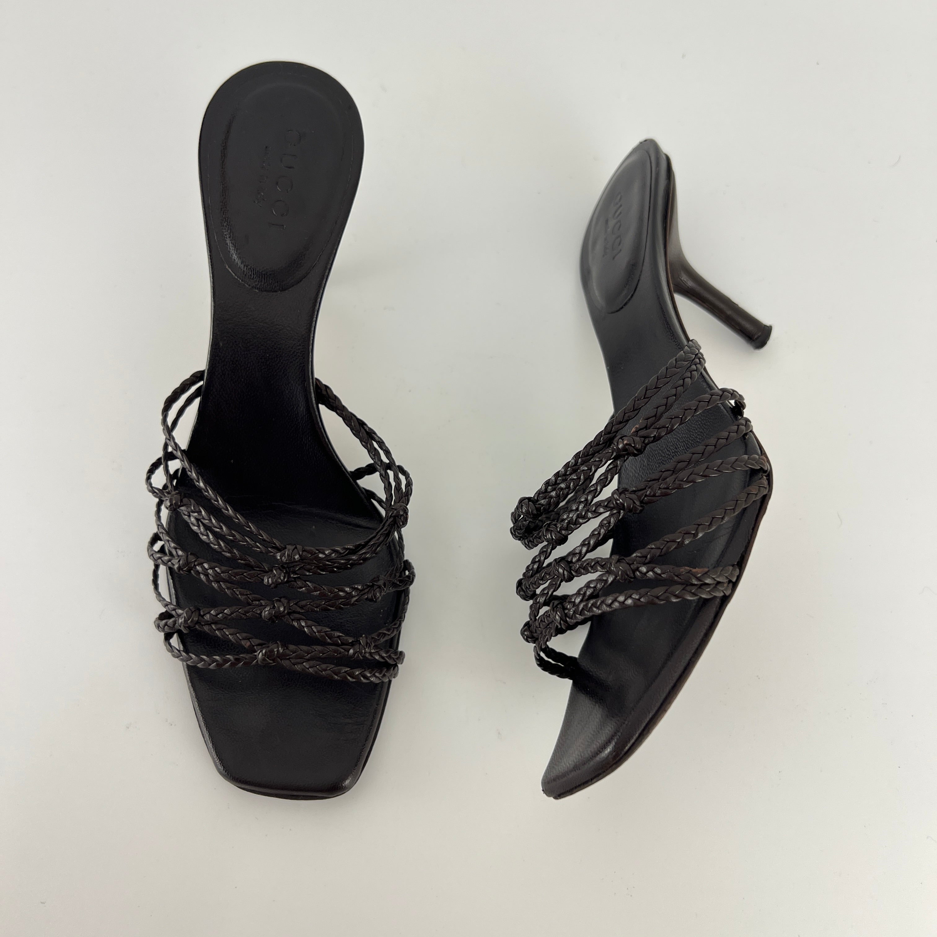 Gucci | Tom Ford Era Brown Leather Braided Knot Strappy Mules (35)