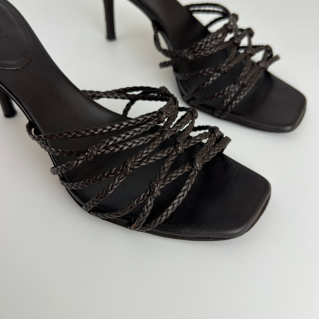 Gucci | Tom Ford Era Brown Leather Braided Knot Strappy Mules (35)