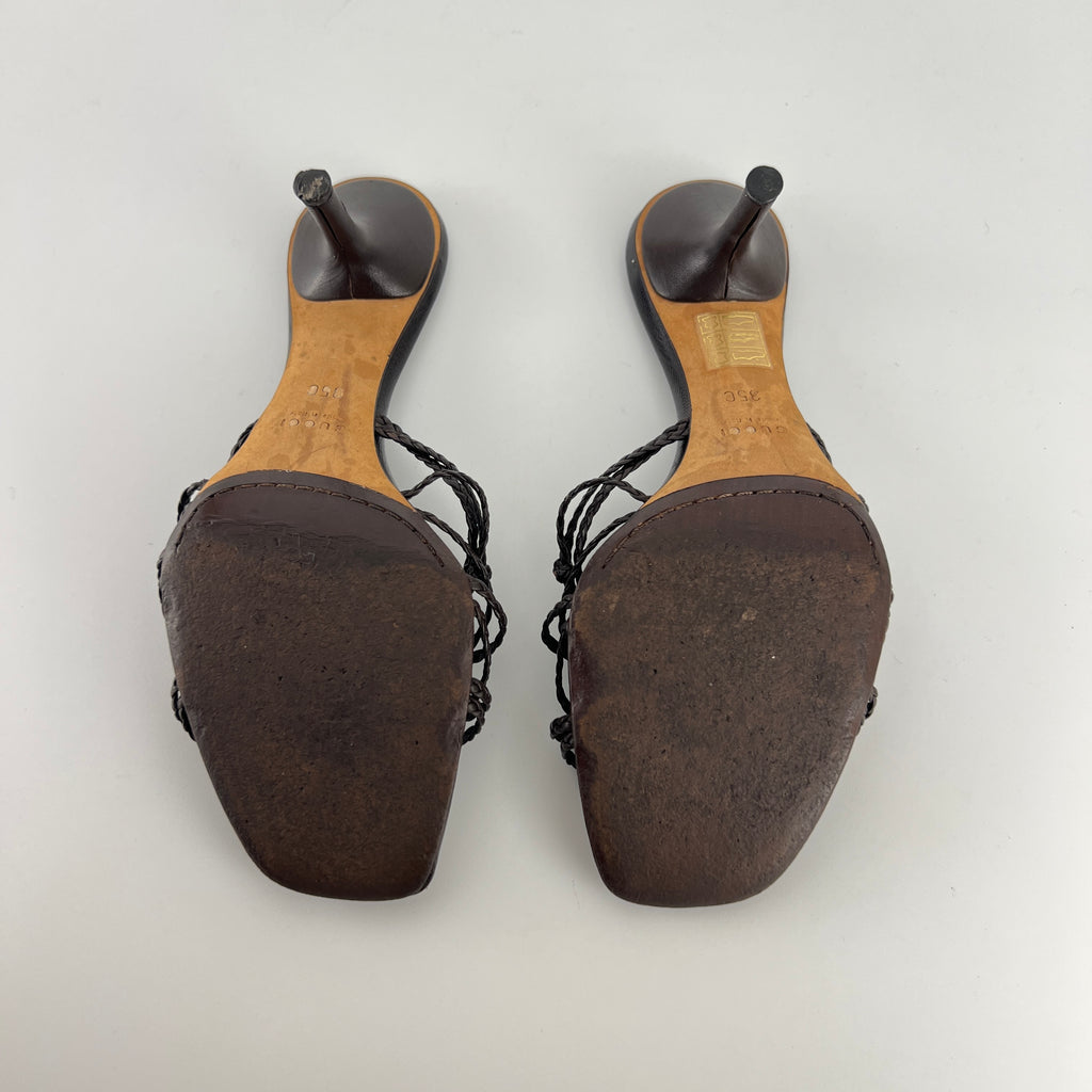 Gucci | Tom Ford Era Brown Leather Braided Knot Strappy Mules (35)