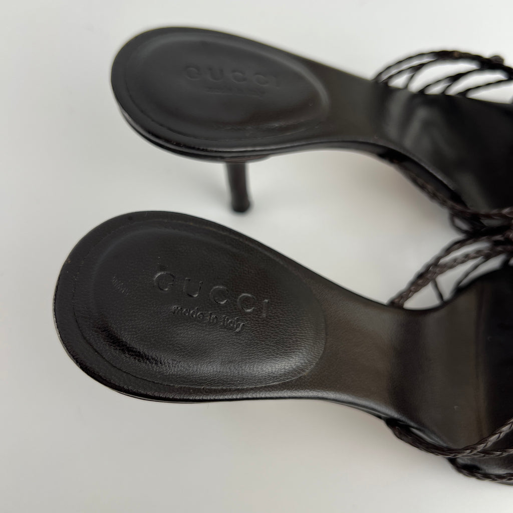 Gucci | Tom Ford Era Brown Leather Braided Knot Strappy Mules (35)