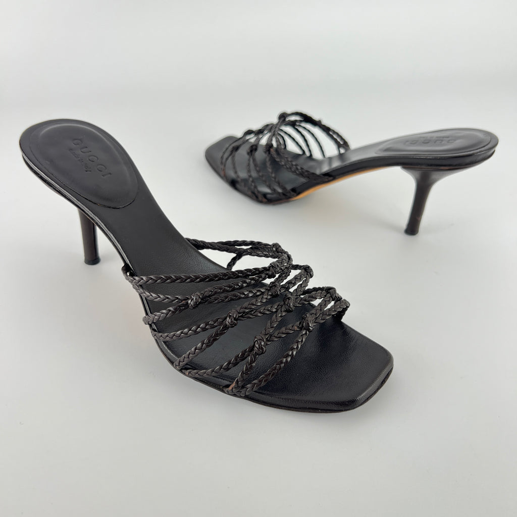 Gucci | Tom Ford Era Brown Leather Braided Knot Strappy Mules (35)