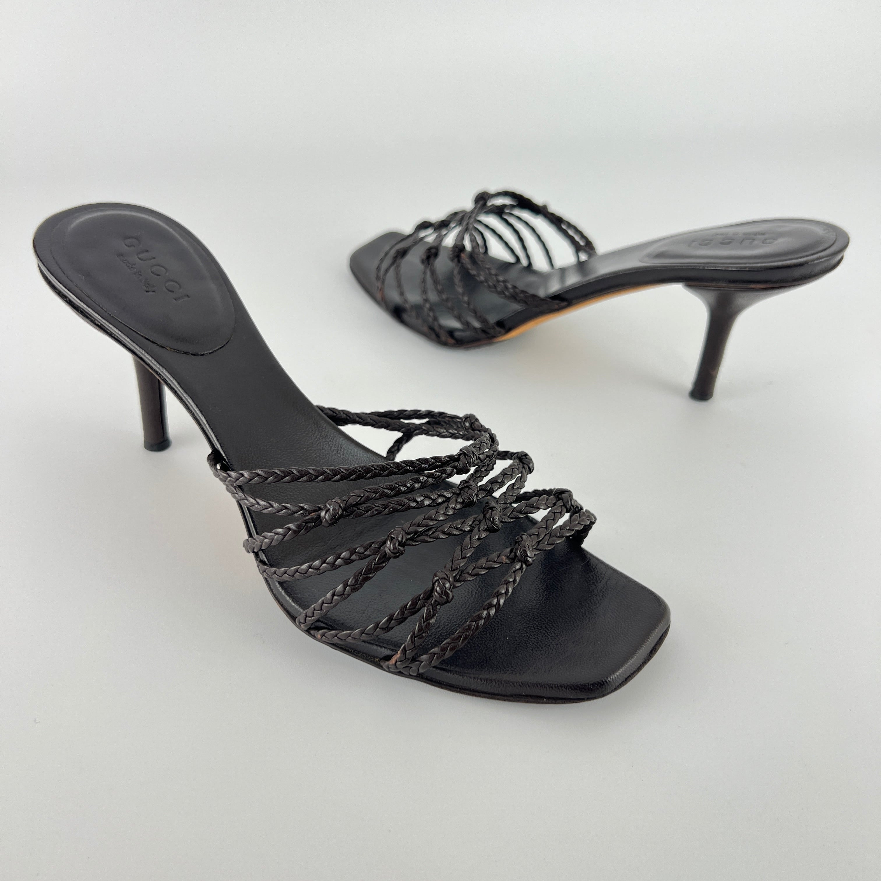 Gucci | Tom Ford Era Brown Leather Braided Knot Strappy Mules (35)