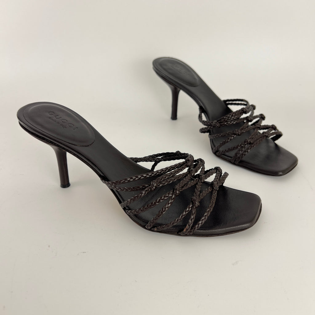 Gucci | Tom Ford Era Brown Leather Braided Knot Strappy Mules (35)