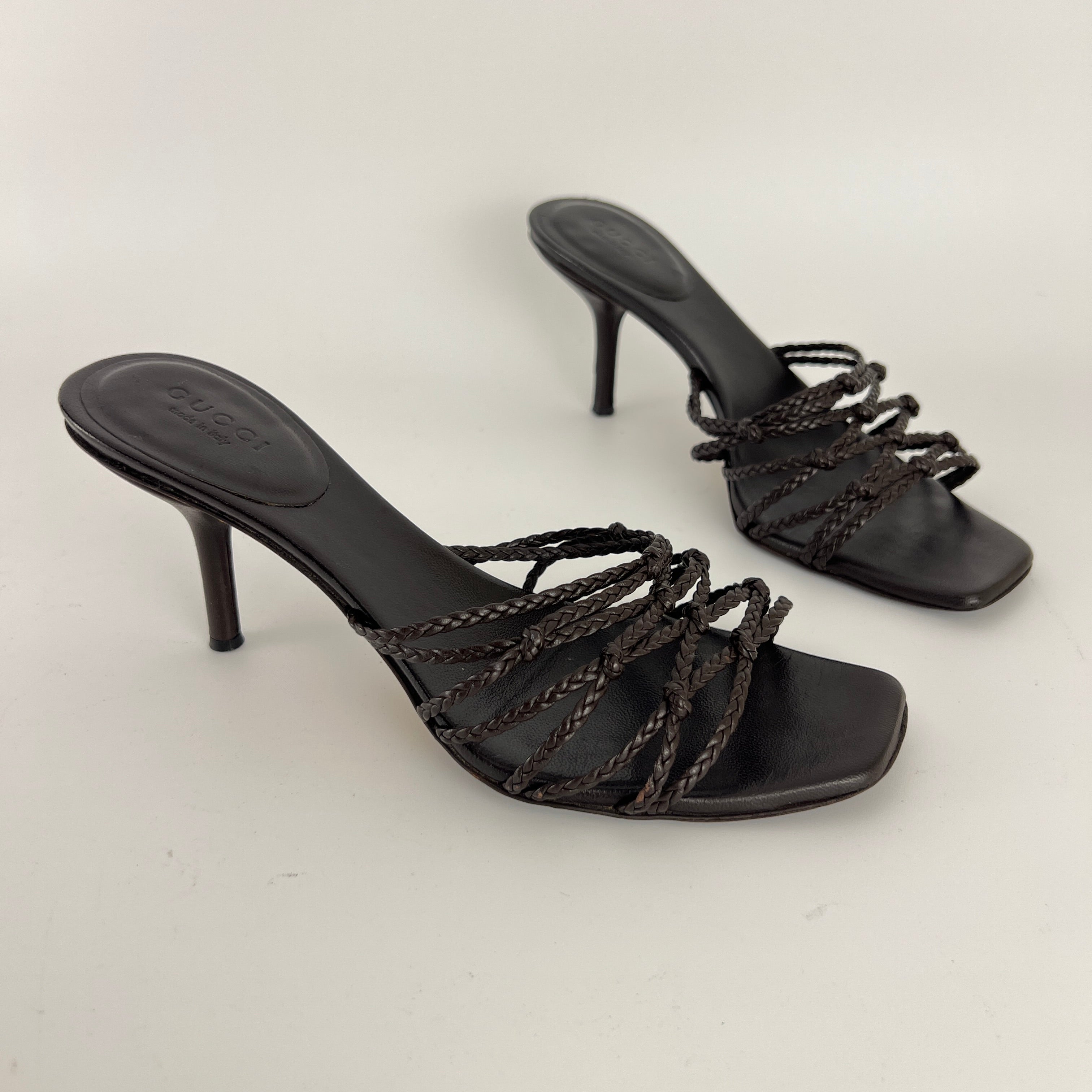 Gucci | Tom Ford Era Brown Leather Braided Knot Strappy Mules (35)
