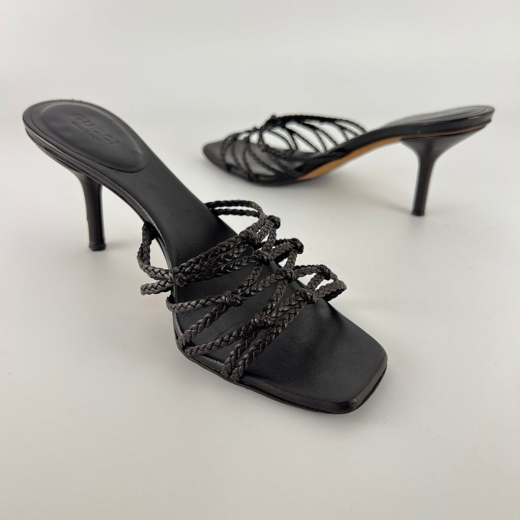 Gucci | Tom Ford Era Brown Leather Braided Knot Strappy Mules (35)