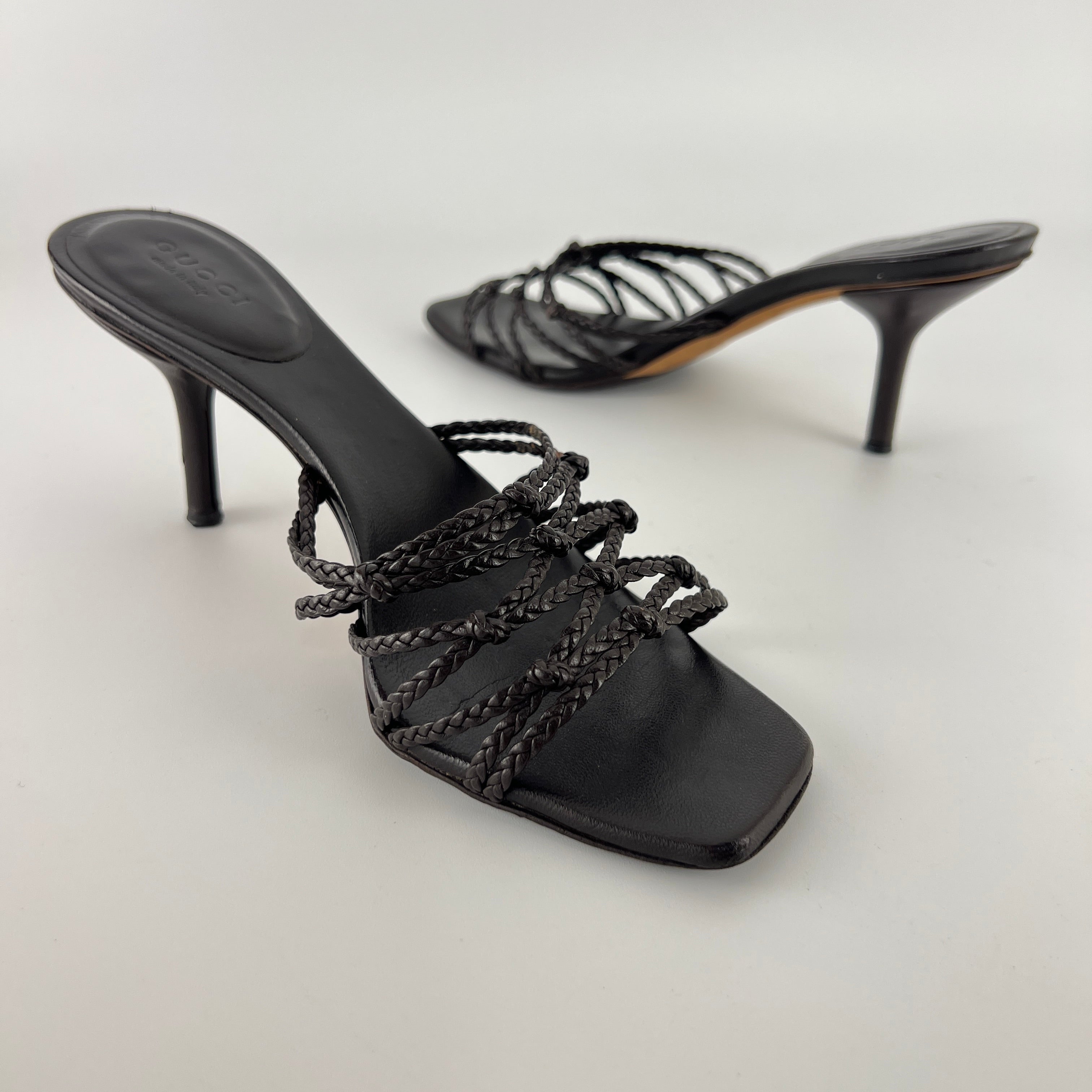 Gucci | Tom Ford Era Brown Leather Braided Knot Strappy Mules (35)