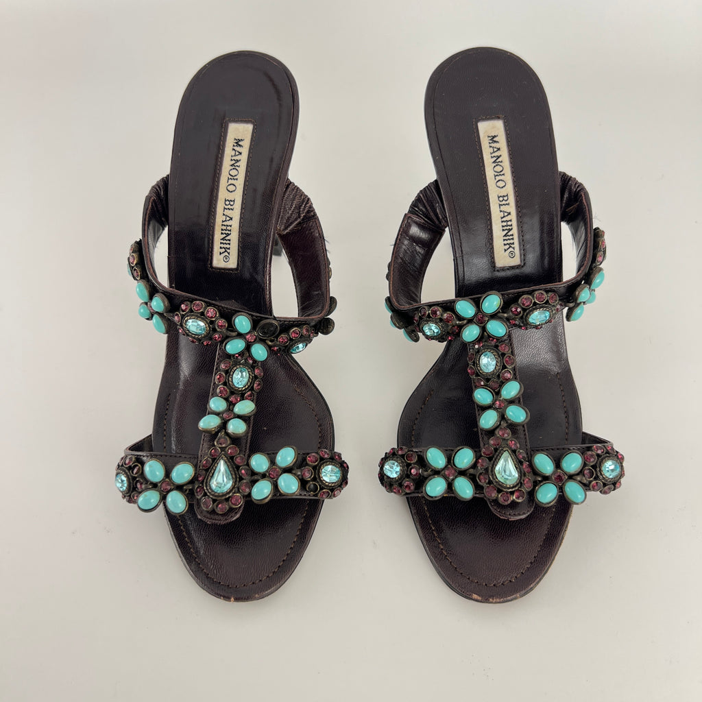 Manolo Blahnik | Vintage Turquoise Blue Pink Gem Brown Leather Slide Mules (36.5)
