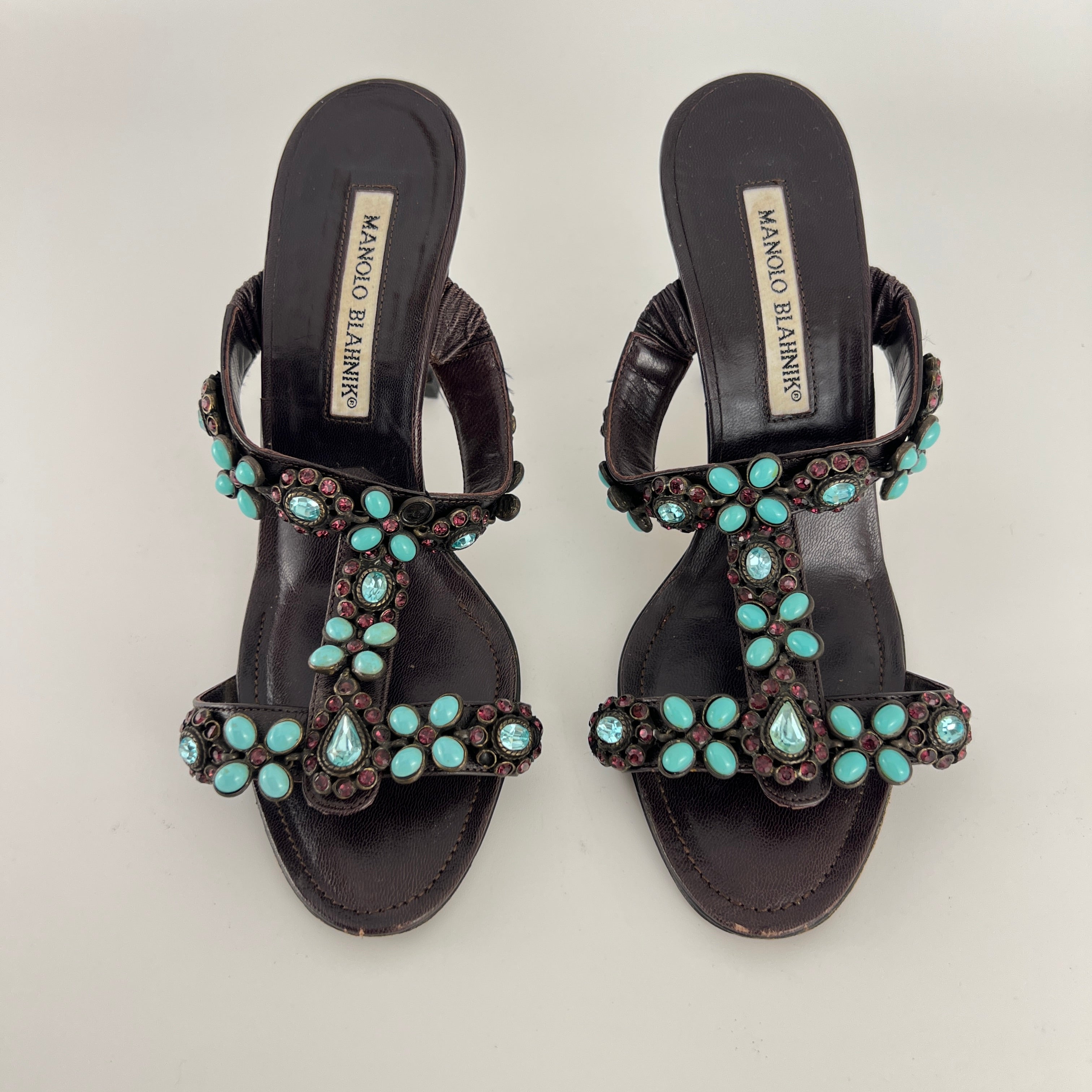 Manolo Blahnik | Vintage Turquoise Blue Pink Gem Brown Leather Slide Mules (36.5)