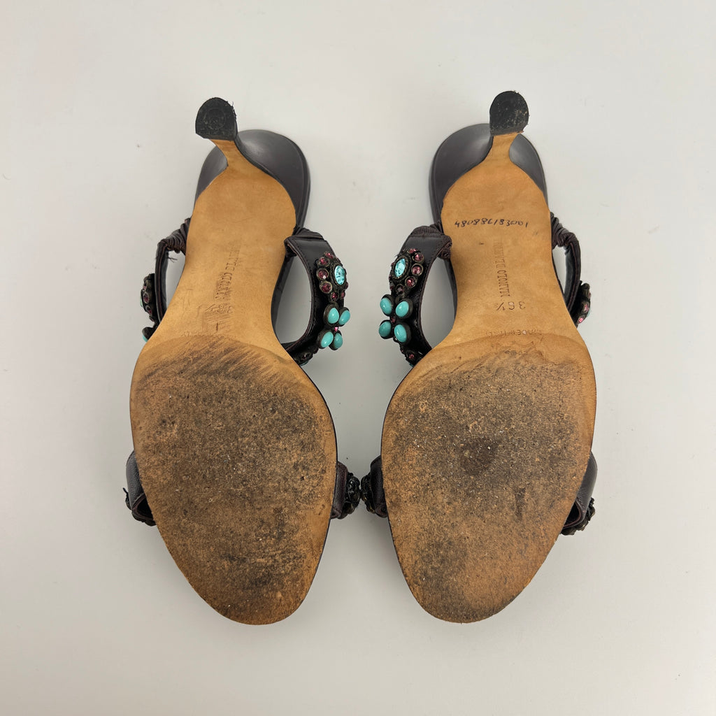 Manolo Blahnik | Vintage Turquoise Blue Pink Gem Brown Leather Slide Mules (36.5)