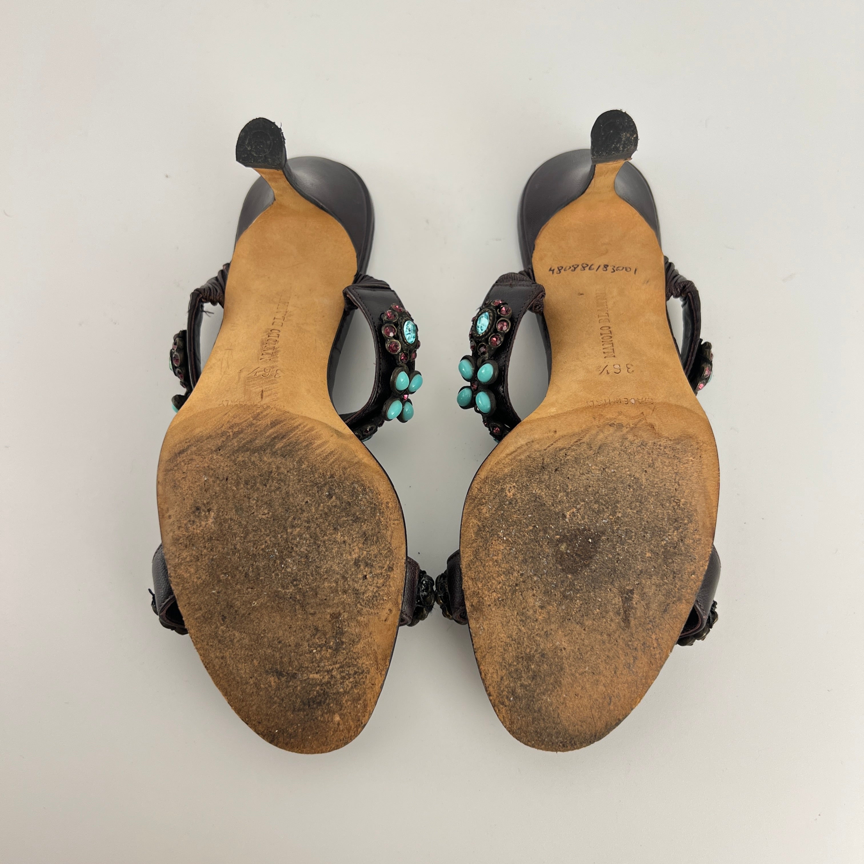 Manolo Blahnik | Vintage Turquoise Blue Pink Gem Brown Leather Slide Mules (36.5)