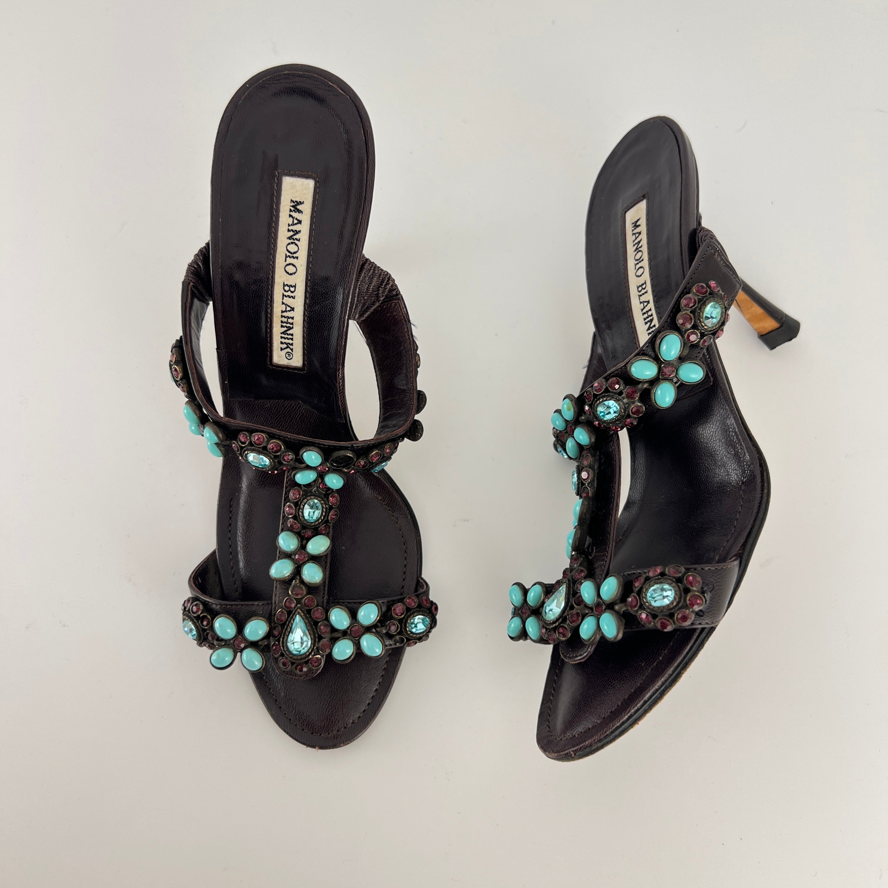 Manolo Blahnik | Vintage Turquoise Blue Pink Gem Brown Leather Slide Mules (36.5)