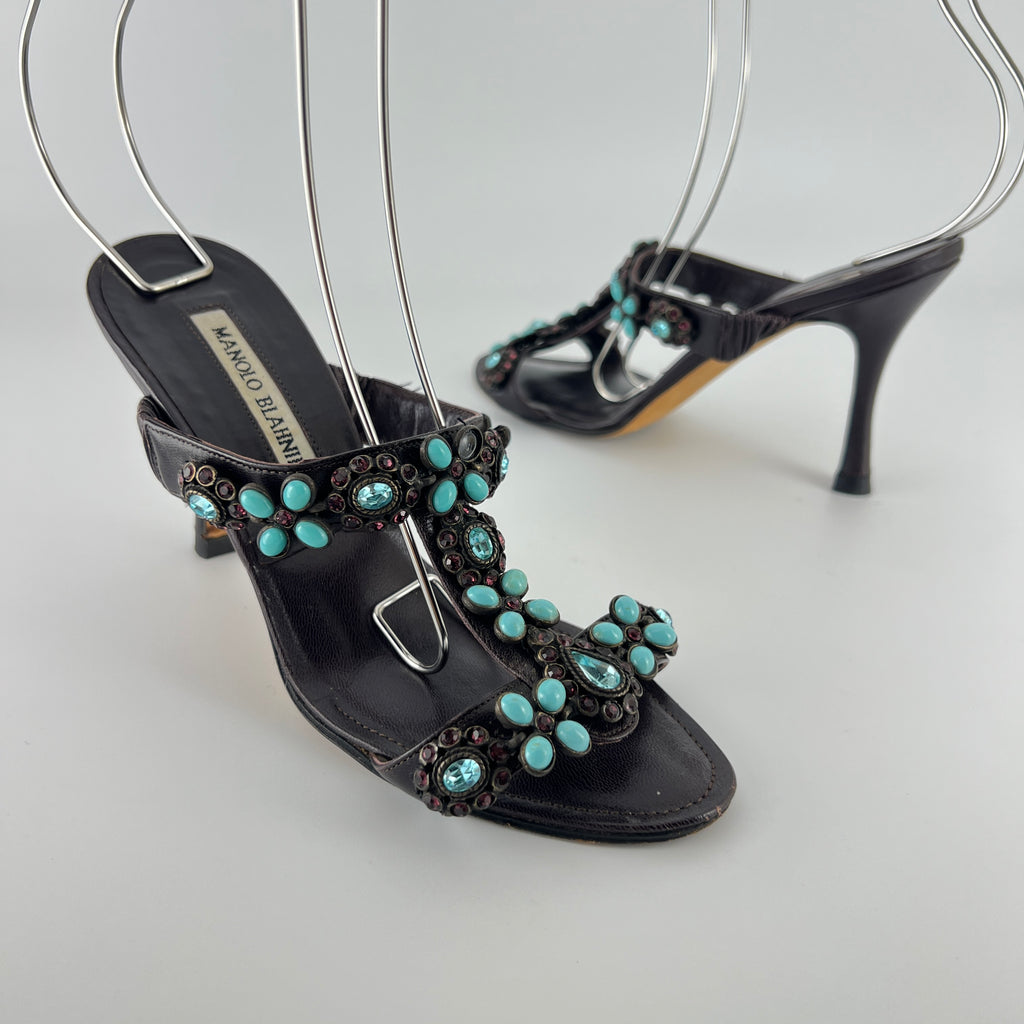 Manolo Blahnik | Vintage Turquoise Blue Pink Gem Brown Leather Slide Mules (36.5)