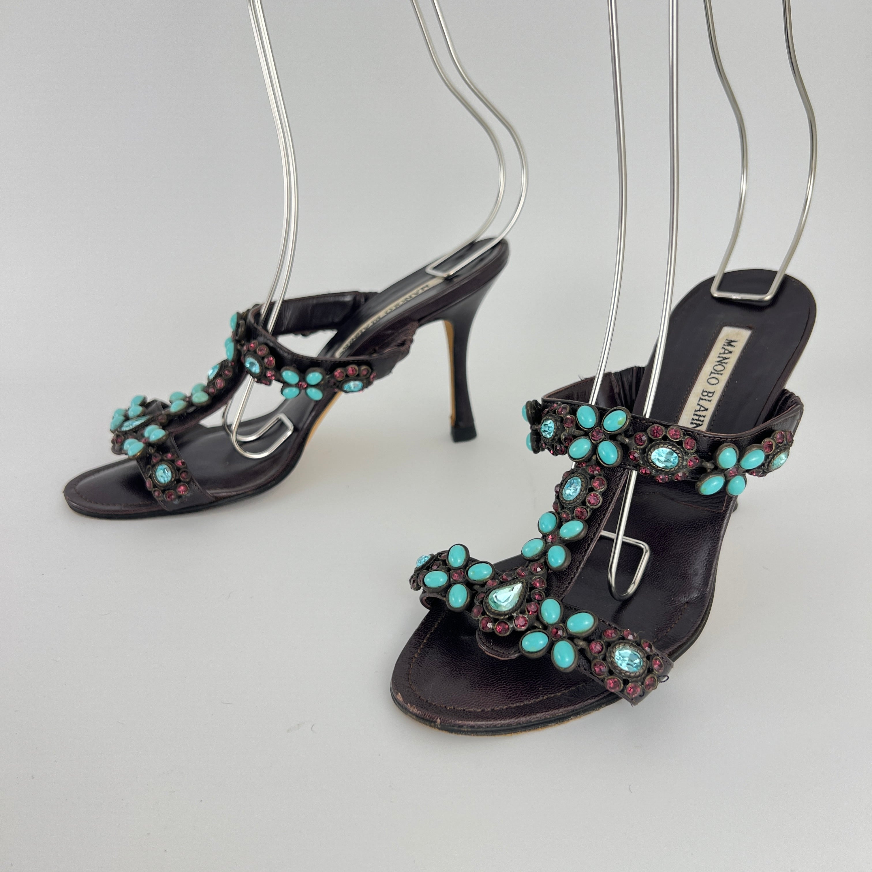 Manolo Blahnik | Vintage Turquoise Blue Pink Gem Brown Leather Slide Mules (36.5)